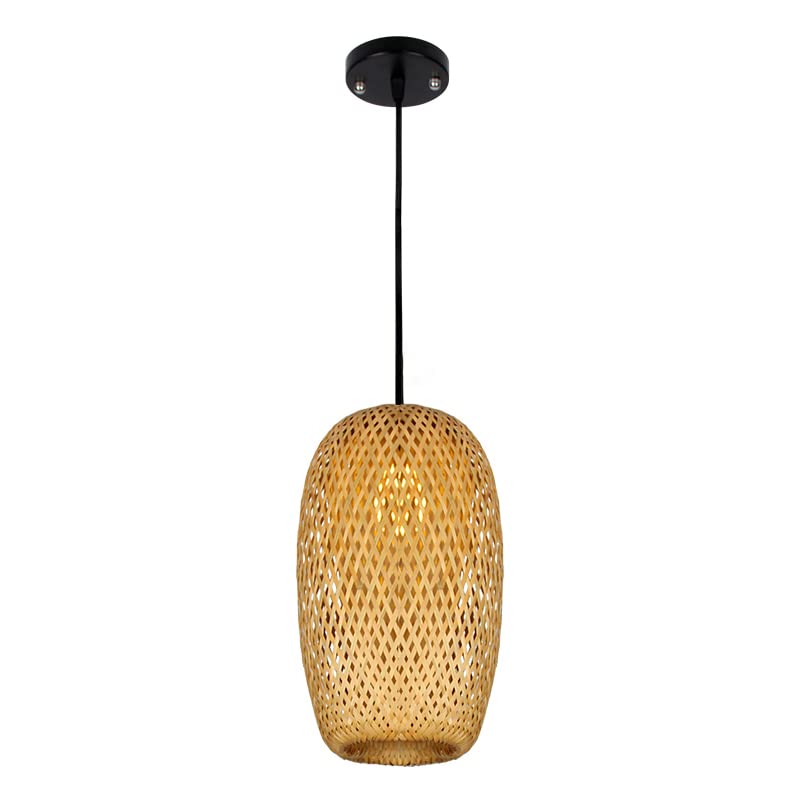 Asian Style Rattan Pendant Light - 14 Inch Bamboo Beige Tapered Shade Ceiling Hanging Lamp Kit (1 Light) for Dining Room, Bedroom or Patio Decor