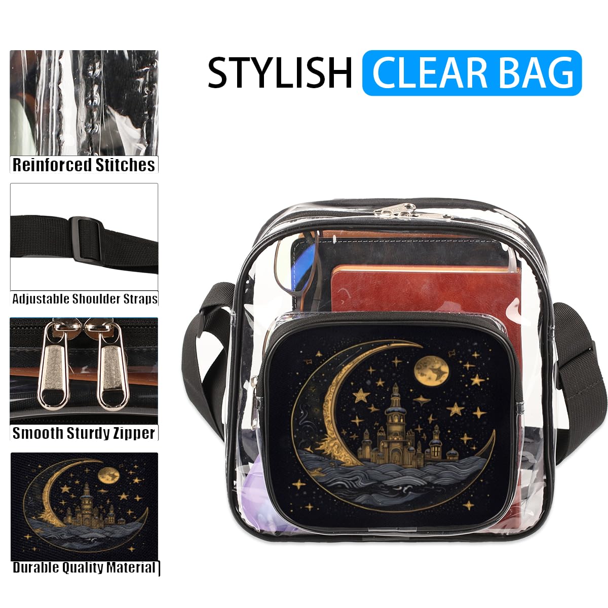 Sun Moon Clear Crossbody Purse Bag - Gold & Black Moon Pattern Stadium Approved Clear Bag for Women & Men | Perfect for Concerts, Festivals, Sports Events & Travel Security Checks