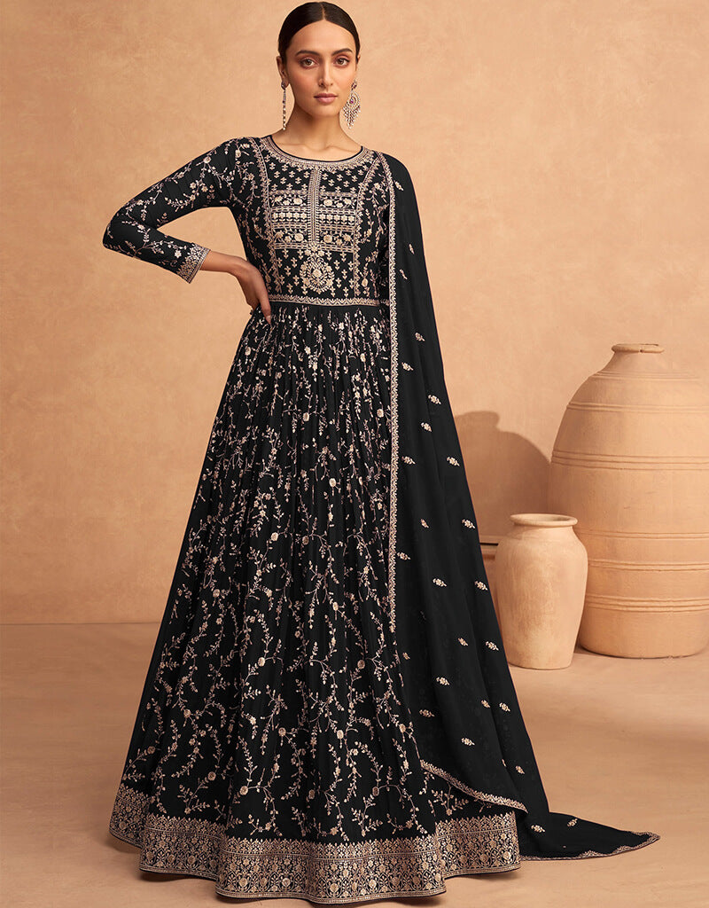 Elegant Black Faux Georgette Anarkali Pant Suit for Women - Perfect for Weddings, Parties & Festive Occasions