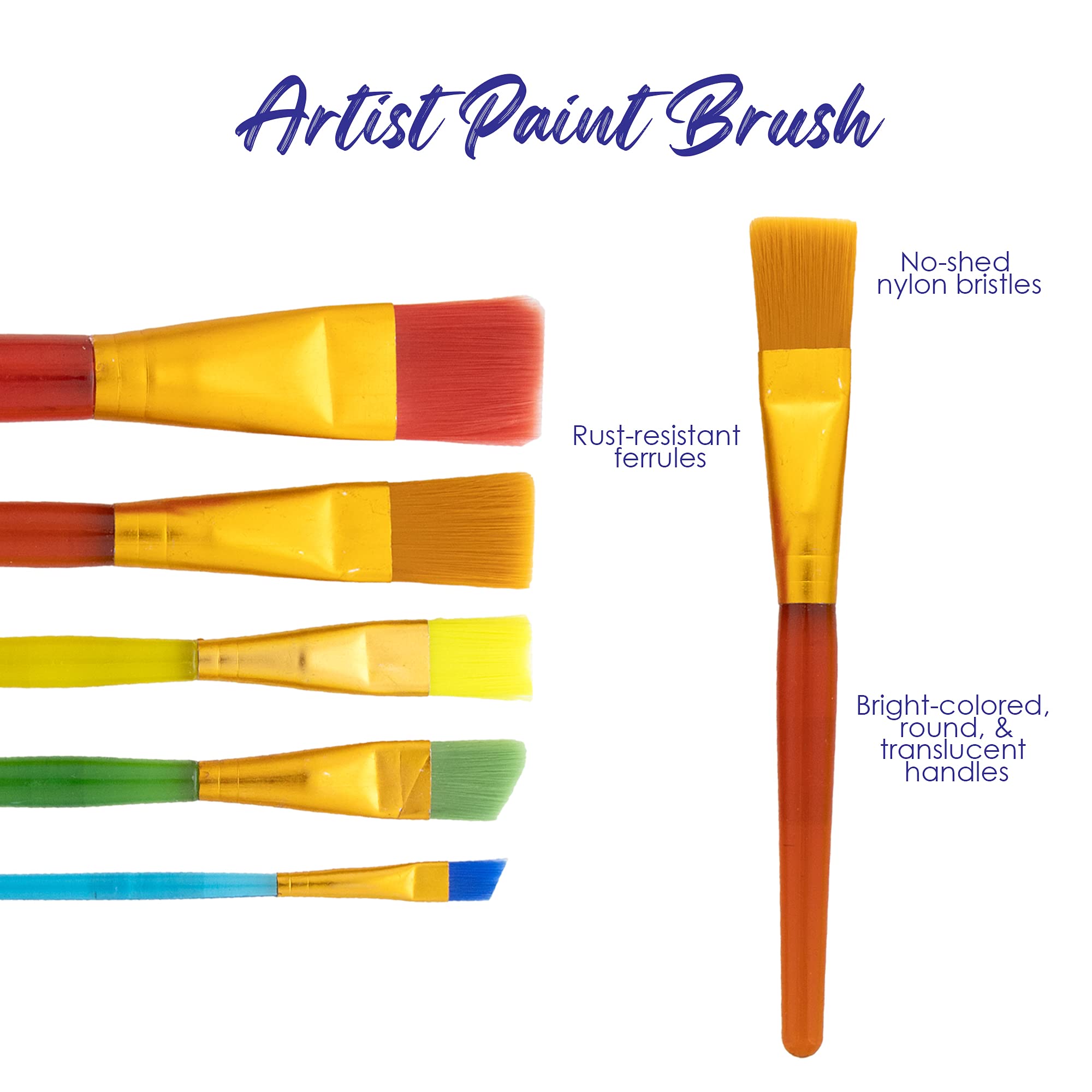 BAZIC 5-Pack Nylon Bristle Paint Brushes Set - Flat & Angled Artist Brushes for Acrylic, Oil, Watercolor, Gouache Painting - 144-Pack Bulk Art Supplies for Professionals & Beginners - Perfect for Canvas, Wood, Fabric & DIY Crafts
