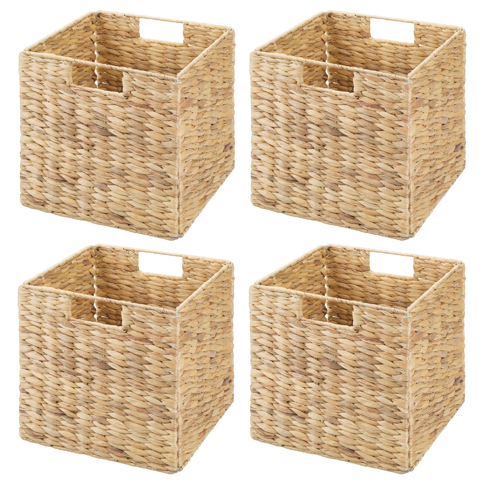 mDesign Natural Woven Hyacinth Cube Organizer Basket with Handles - 4 Pack Storage Bins for Bathroom, Laundry Room, Nursery & Cubby Units - Perfect for Organizing Blankets, Books & Home Essentials | Space-Saving Home Decor Solution