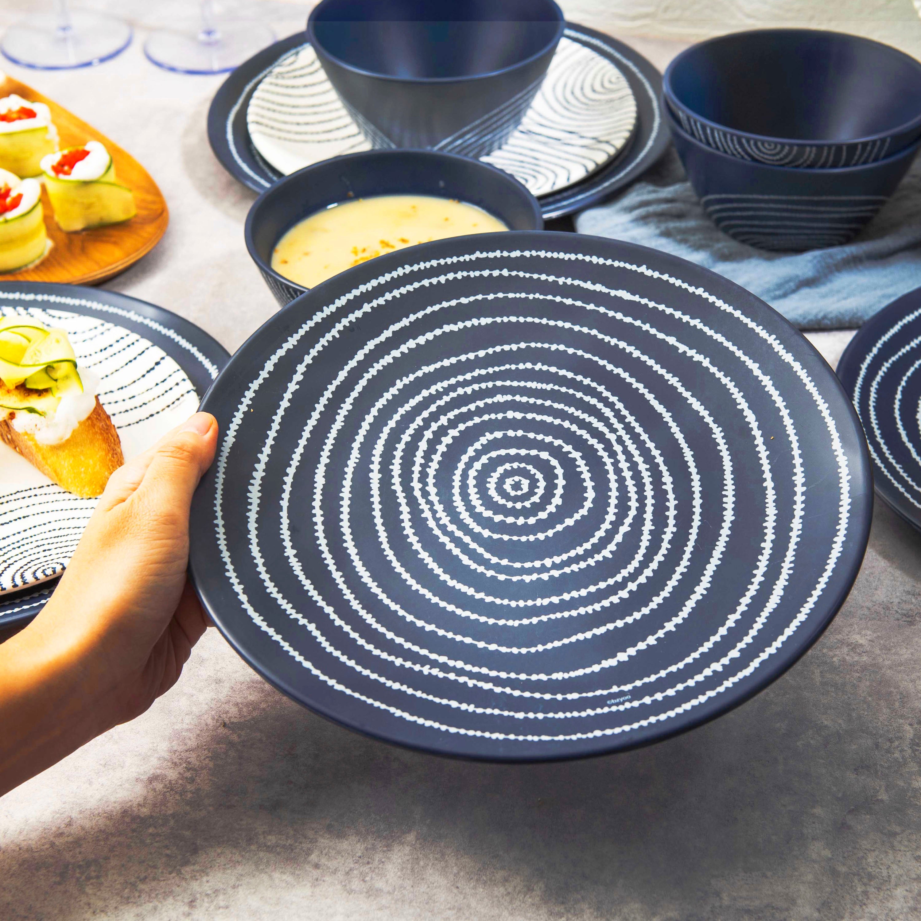 12-Piece Planet Melamine Dinnerware Set - French Navy Blue Plates & Bowls for Outdoor Picnics, Camping, and Durable Everyday Use
