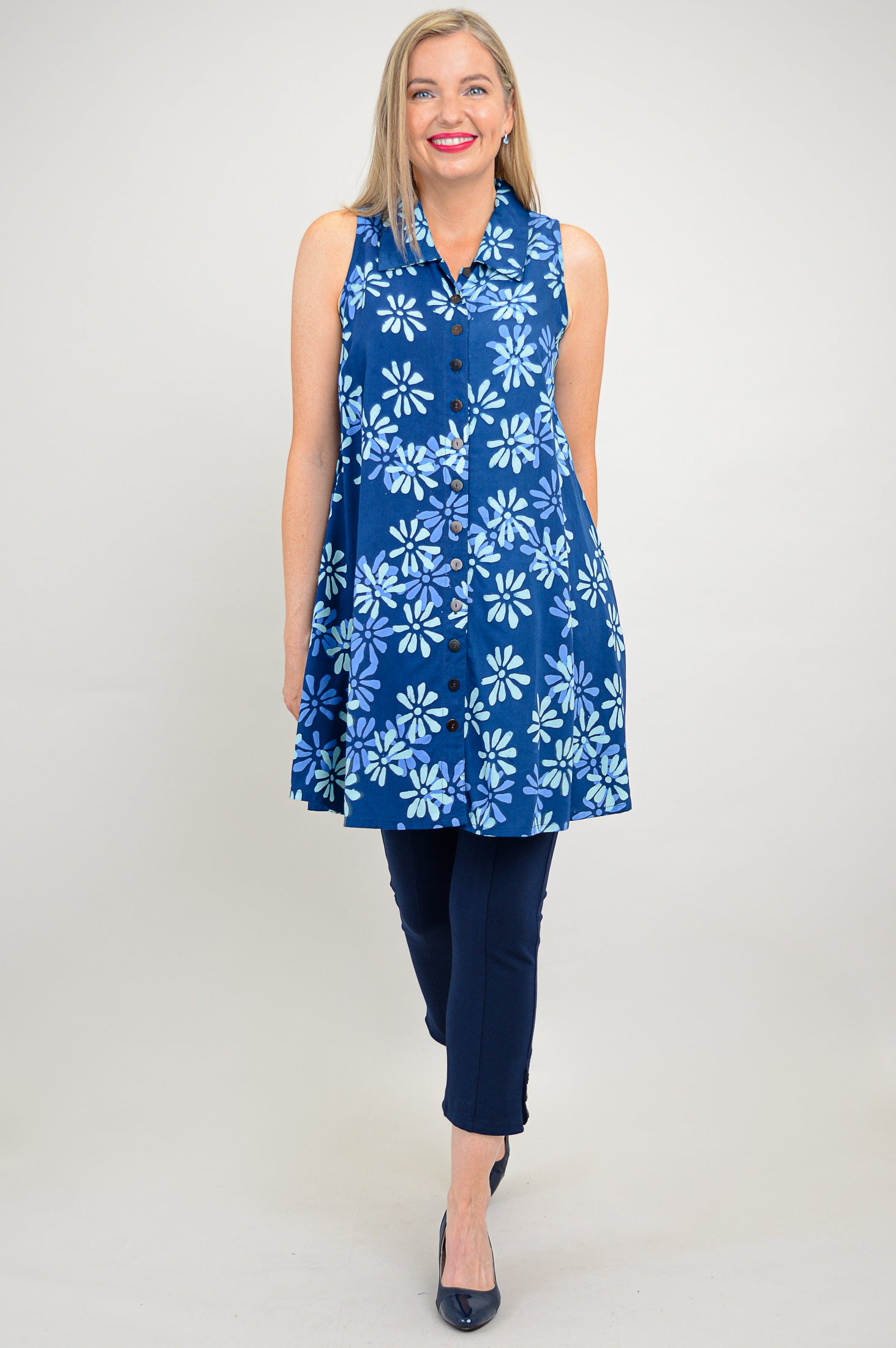 Cissy Tank Top for Women - Daisy Cobalt Blue Floral Print Summer Casual Shirt | Perfect for Beach Outings, Yoga, and Everyday Wear