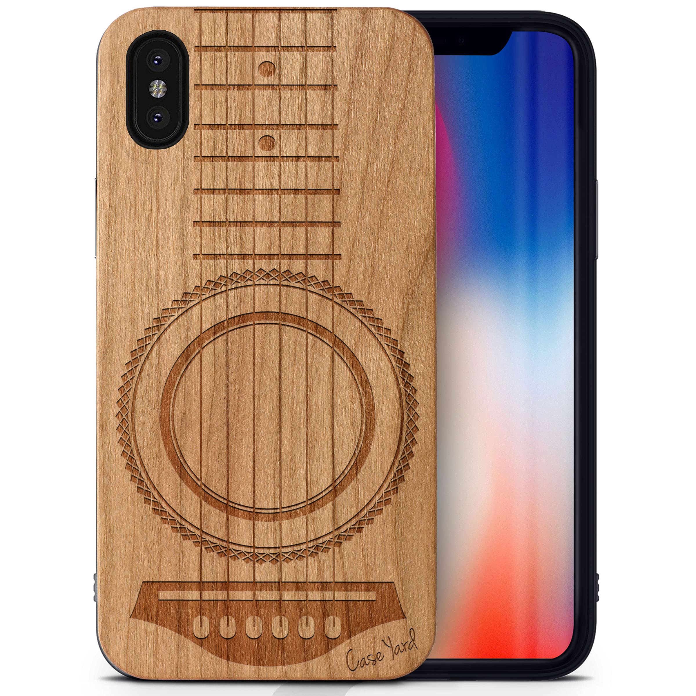 Premium Wooden iPhone Xs Max Case - Laser Engraved Guitar Design in Cherry Wood | Slim Fit Shockproof Protective Cover for Men & Women | Perfect for Music Lovers & Outdoor Activities