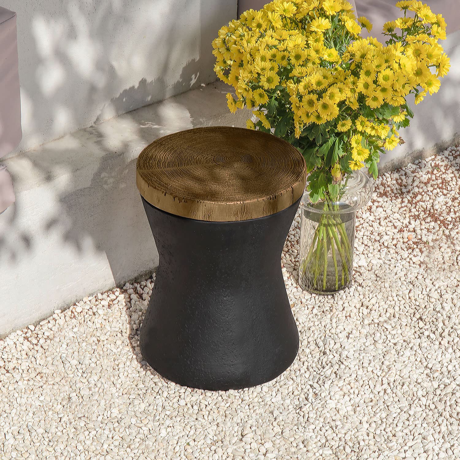 Stylish Outdoor Side Table with Faux-Wood Top & Hand-Painted Tree Trunk Slice Design - Black Drum End Table, Accent Stool & Plant Stand (Hourglass Shape) for Patio, Garden or Balcony Decor