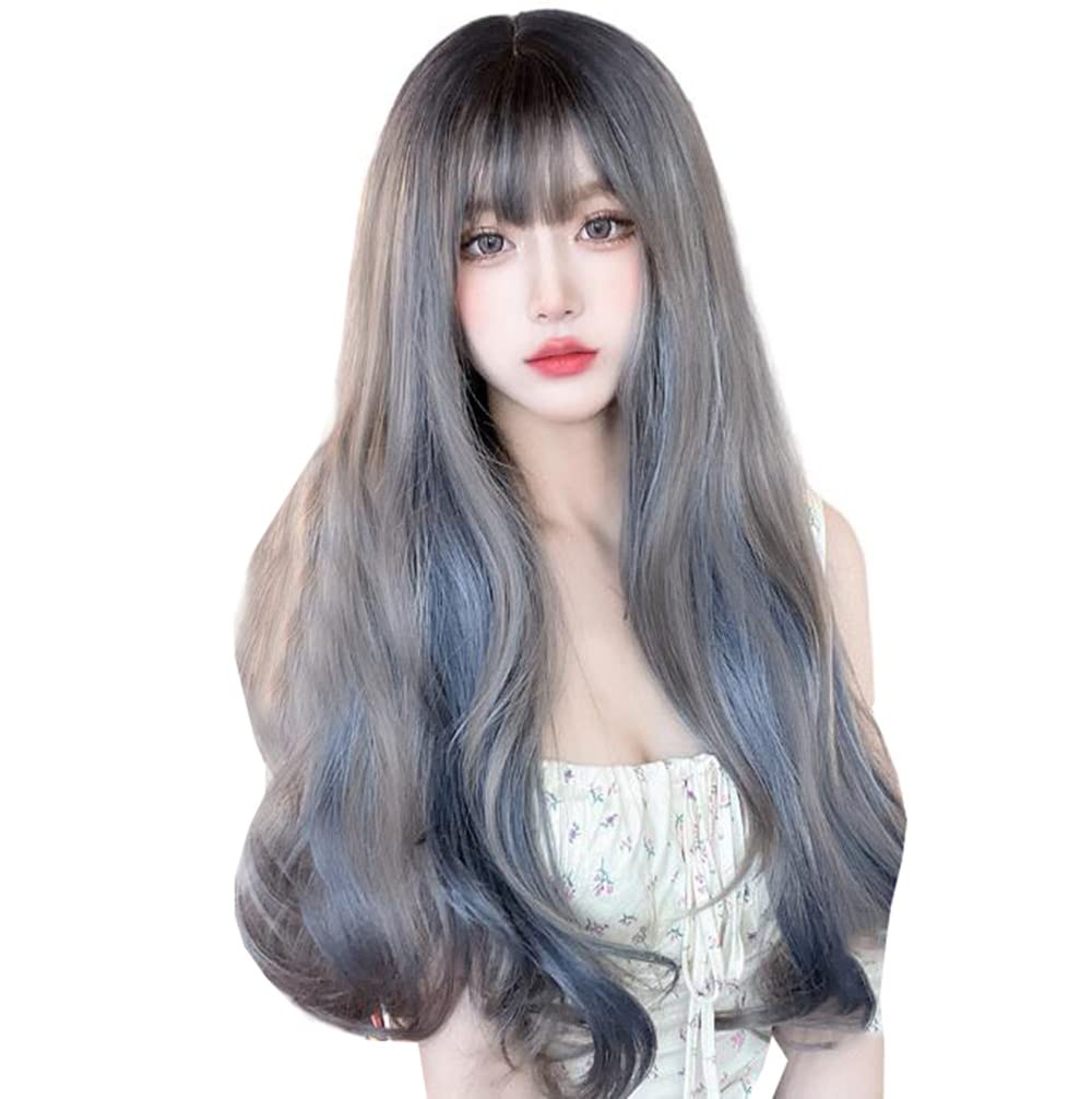 Gray Blue Gradient Long Curly Synthetic Lolita Wig with Bangs | Japanese Cosplay & Party Costume | Natural Looking Women's Wig for Anime Conventions & Themed Events