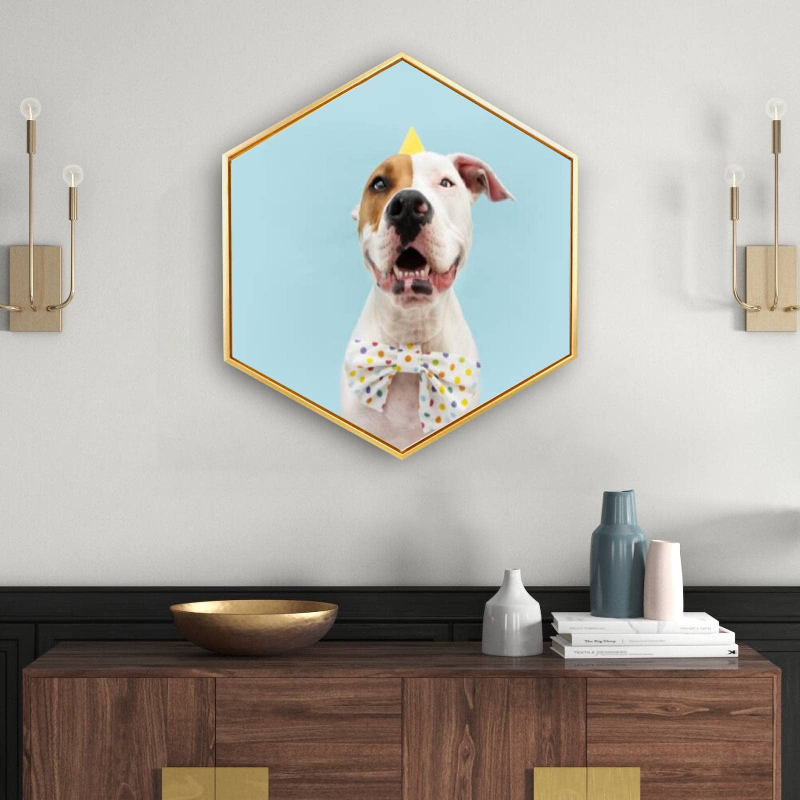 Happy American Staffordshire Dog Birthday Carnival Golden Framed Canvas Wall Art - Modern Minimalist Giclee Prints Hexagon Home Office Decor - Perfect for Living Room, Bedroom & Gift Giving - Ready to Hang