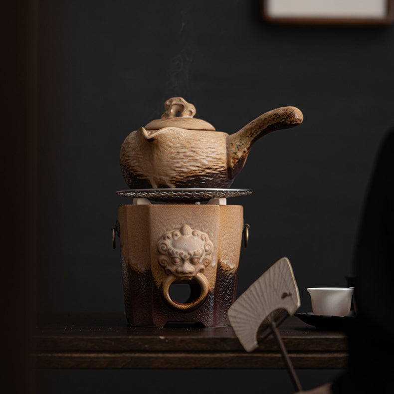 Premium Coarse Clay Heated Tea Set - Handmade Ceramic Teapot with Warmer for Gongfu Tea Ceremony | Perfect for Home, Office & Gift Giving