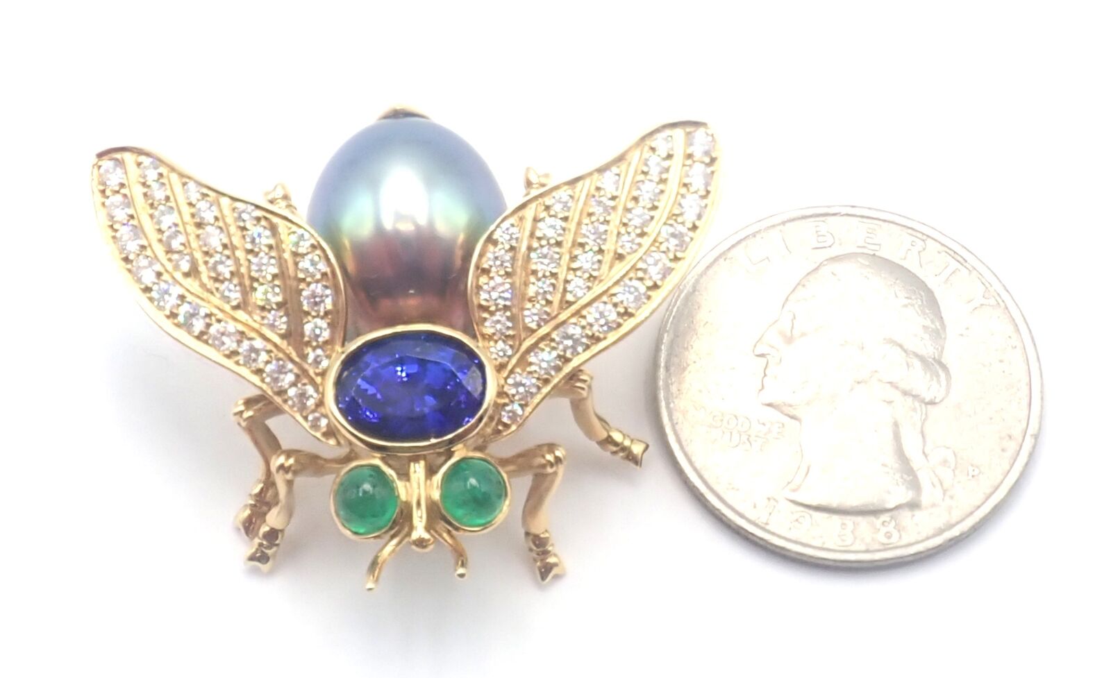 Tiffany & Co 18k Gold Diamond Tahitian Pearl Tanzanite Emerald Fly Pin Brooch - Luxury Jewelry for Women, Perfect for Weddings, Parties & Special Occasions