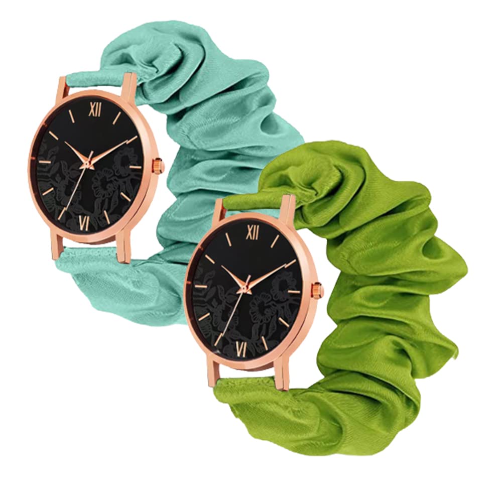 TACOFY™ Women's Scrunchies Watches Combo Pack - Soft Fabric Elastic Hair Bands & Wristbands for Girls & Women (6-Piece Set, Cute Patterns) - Perfect for School, Workout, Yoga, and Everyday Fashion Accessories