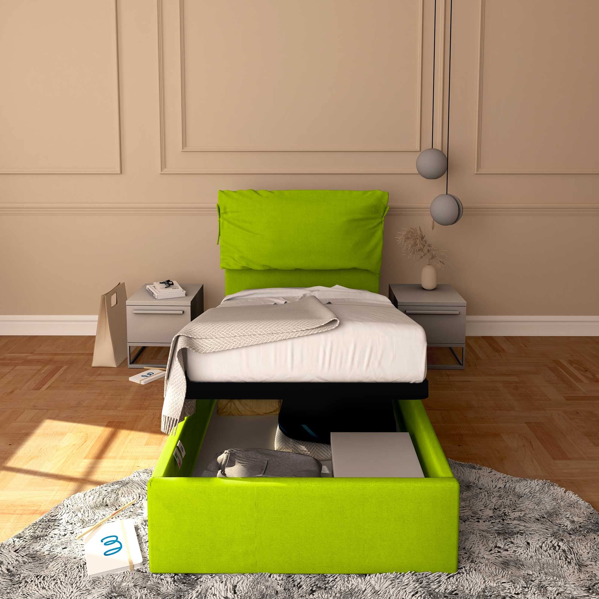 Baldiflex Single Bed with Storage - Licia Soft Synthetic Leather Upholstery, Slatted Base for Single Mattress, 80 x 200 cm, Padded Headboard, Apple Green - Perfect for Small Bedrooms, Guest Rooms & Studio Apartments
