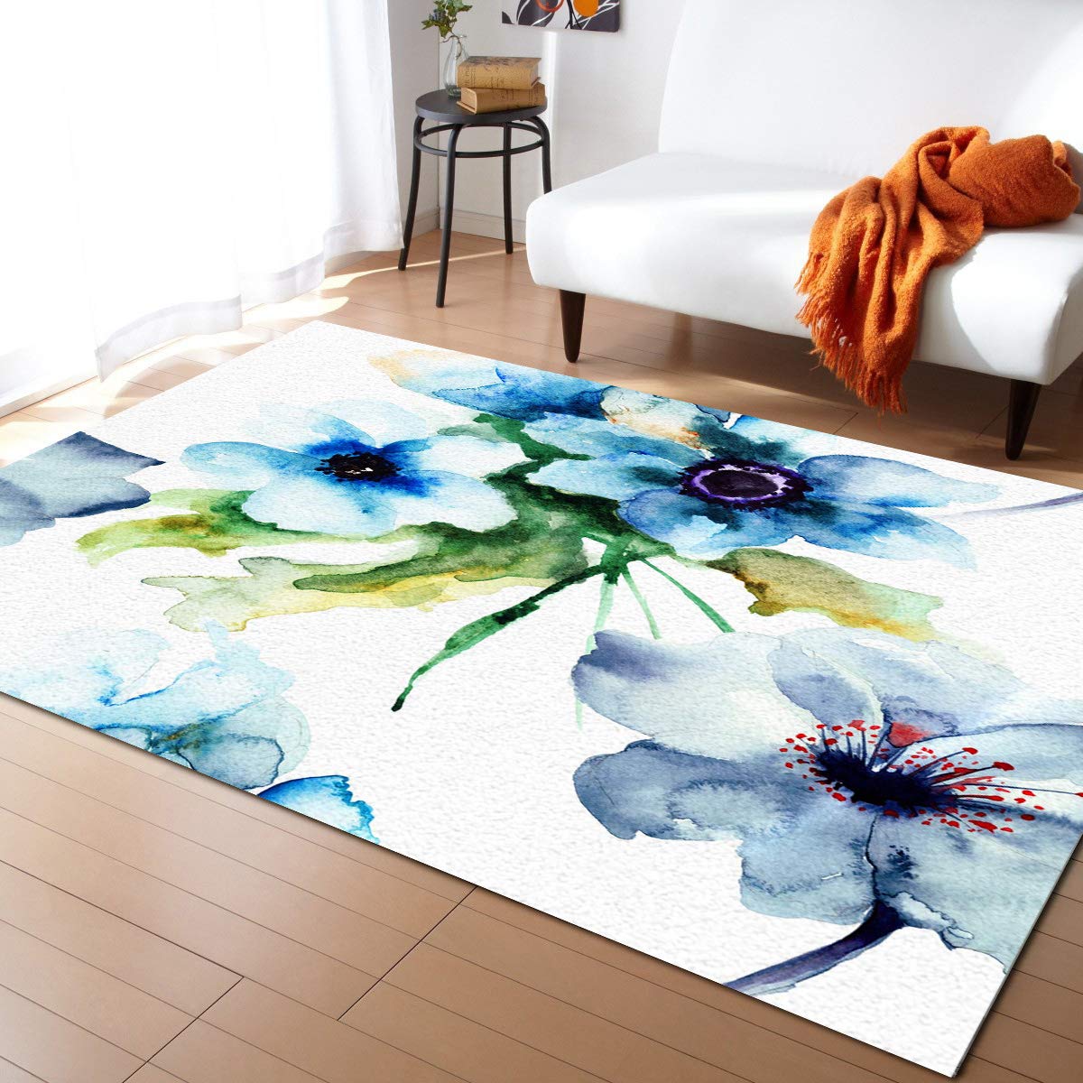 Blue Floral Watercolor Area Rug Runner 2'7