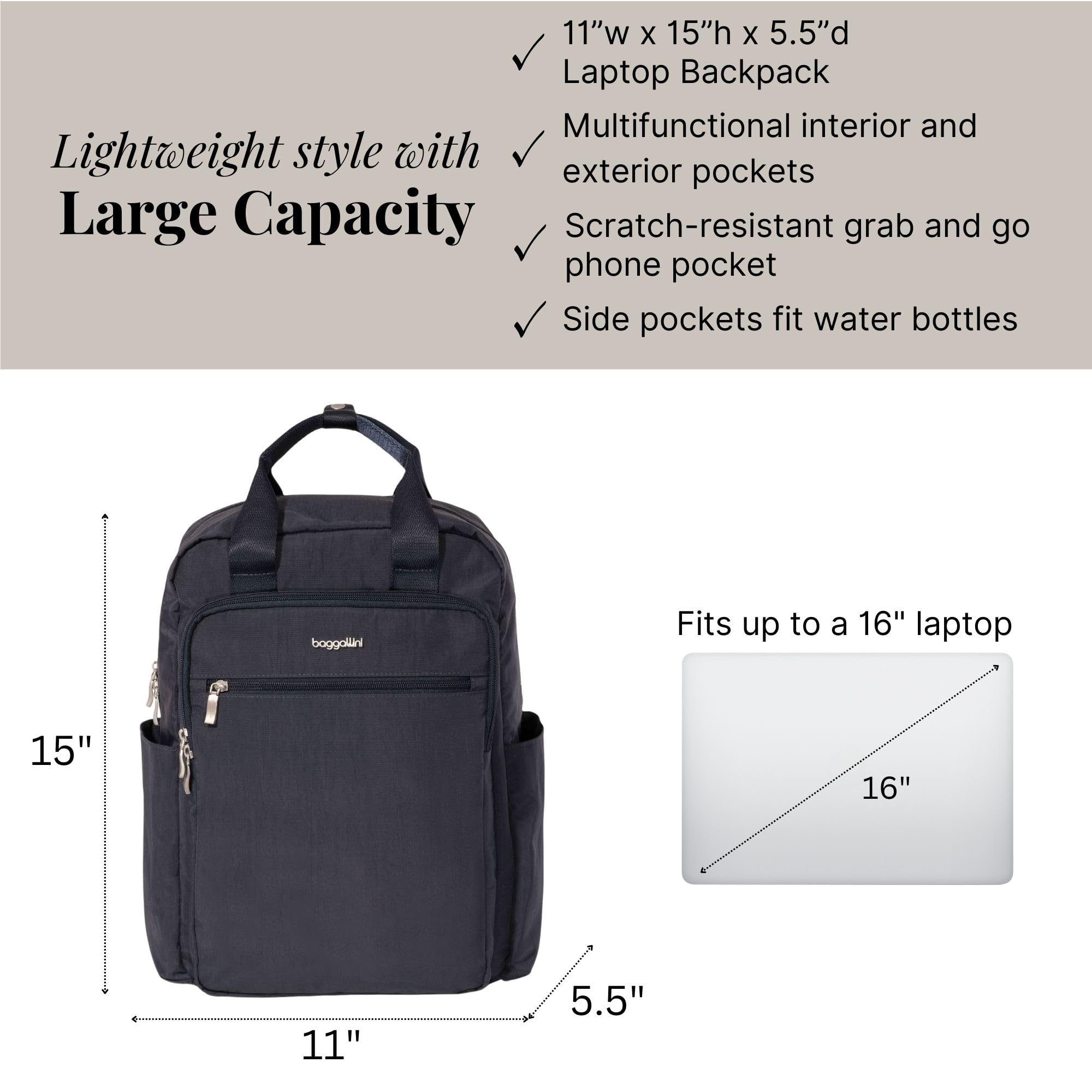 Baggallini Commuter Laptop Backpack 15x11 Inch - Lightweight Travel Backpack with RFID Protection & Luggage Sleeve - Perfect for Business Travel, Daily Commute & College Students