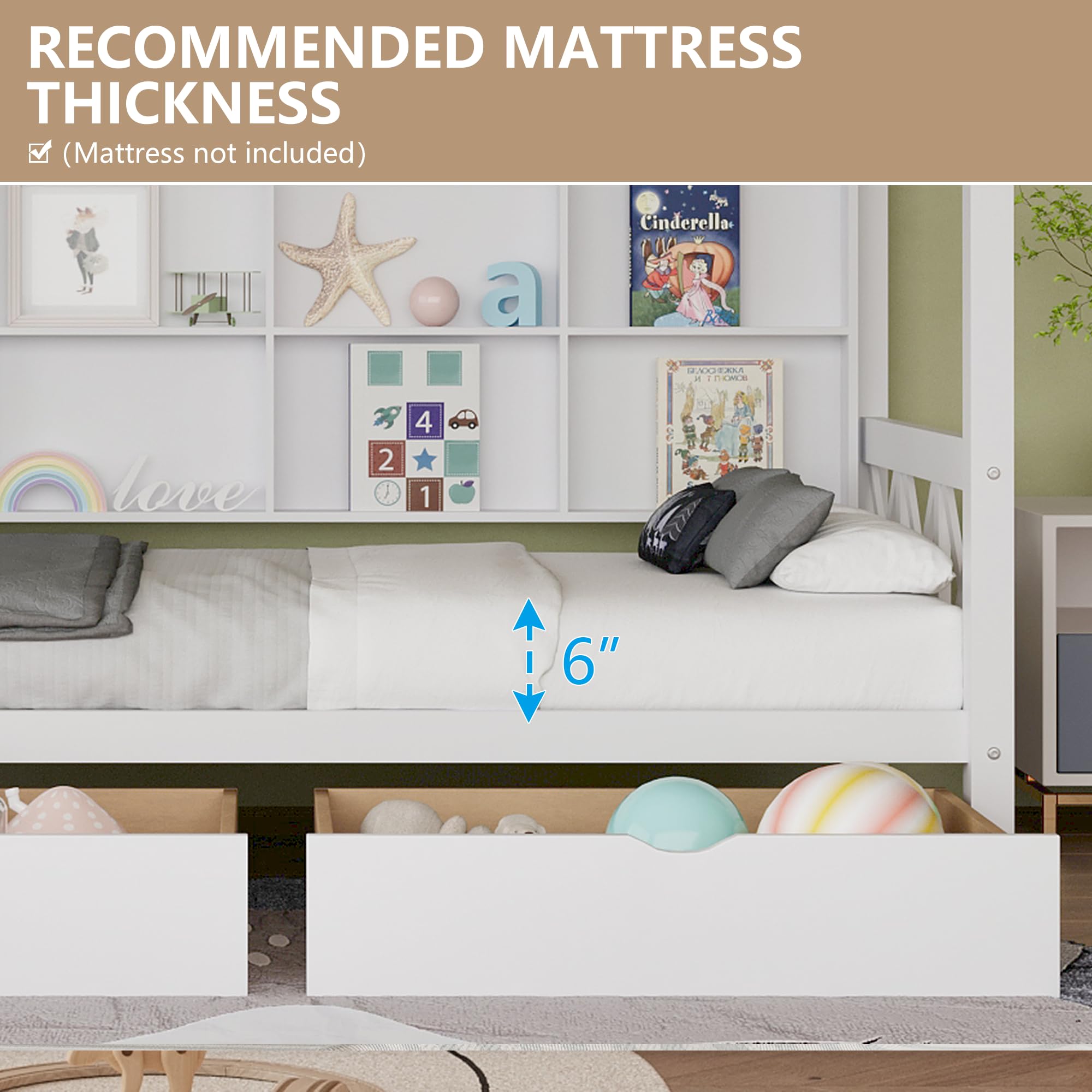Montessori Twin Bed Frame for Kids - White Wooden House Bed with Headboard, 2 Storage Drawers & Safety Fence - Sturdy Platform Bed with Wood Slats (74.4