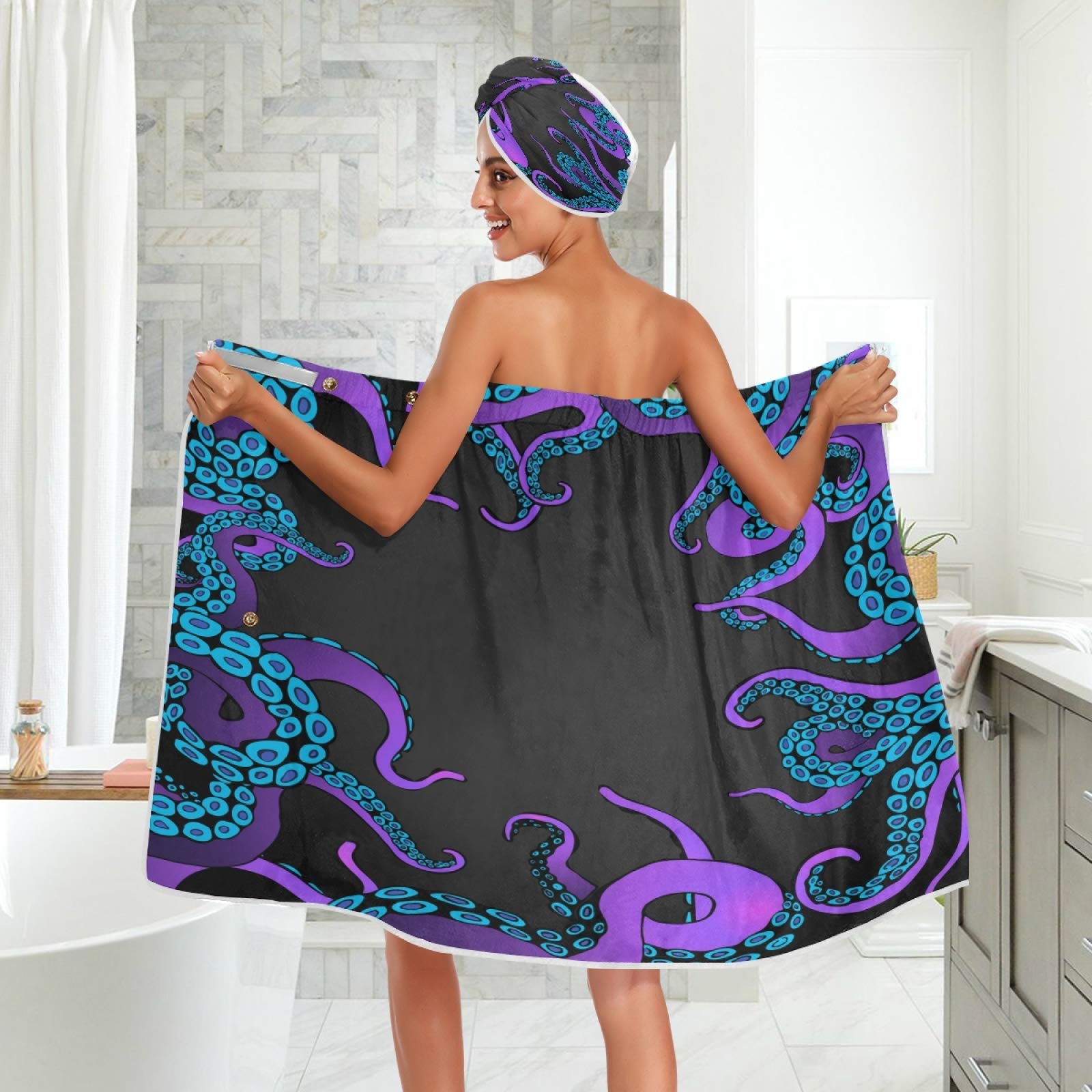 Blueangle Women's Spa Towel Wrap Set of 3 - Soft Cartoon Octopus Bathrobe & Shower Body Wrap with Adjustable Closure for Bath, Pool, Beach & Spa Relaxation