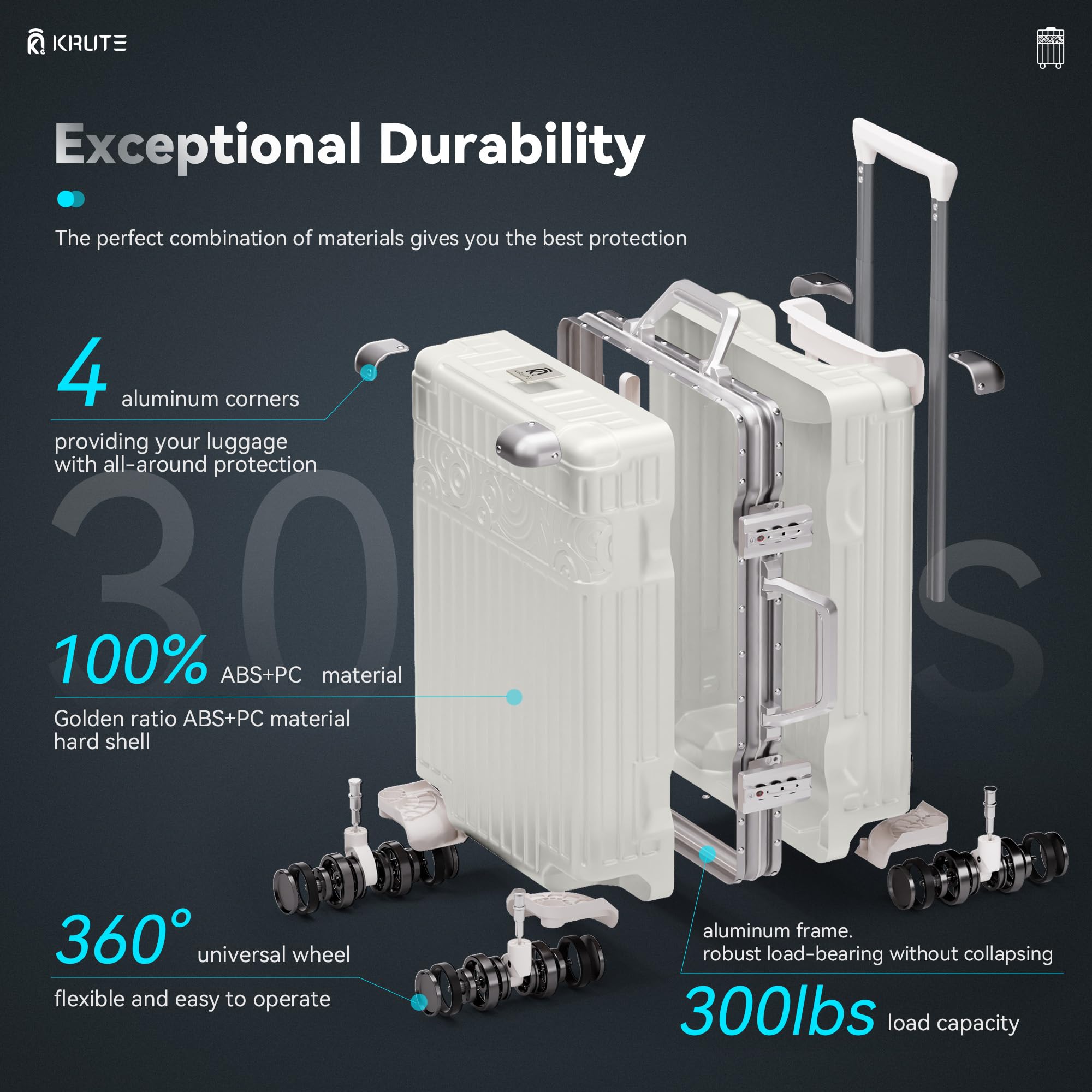 Krute 20 Inch Aluminum Frame Carry On Luggage - Zipperless Hard Shell Suitcase with 8 Spinner Wheels, TSA Lock & Reinforced Metal Corners (PC+ABS Material, White) - Perfect for Business Travel & Weekend Getaways