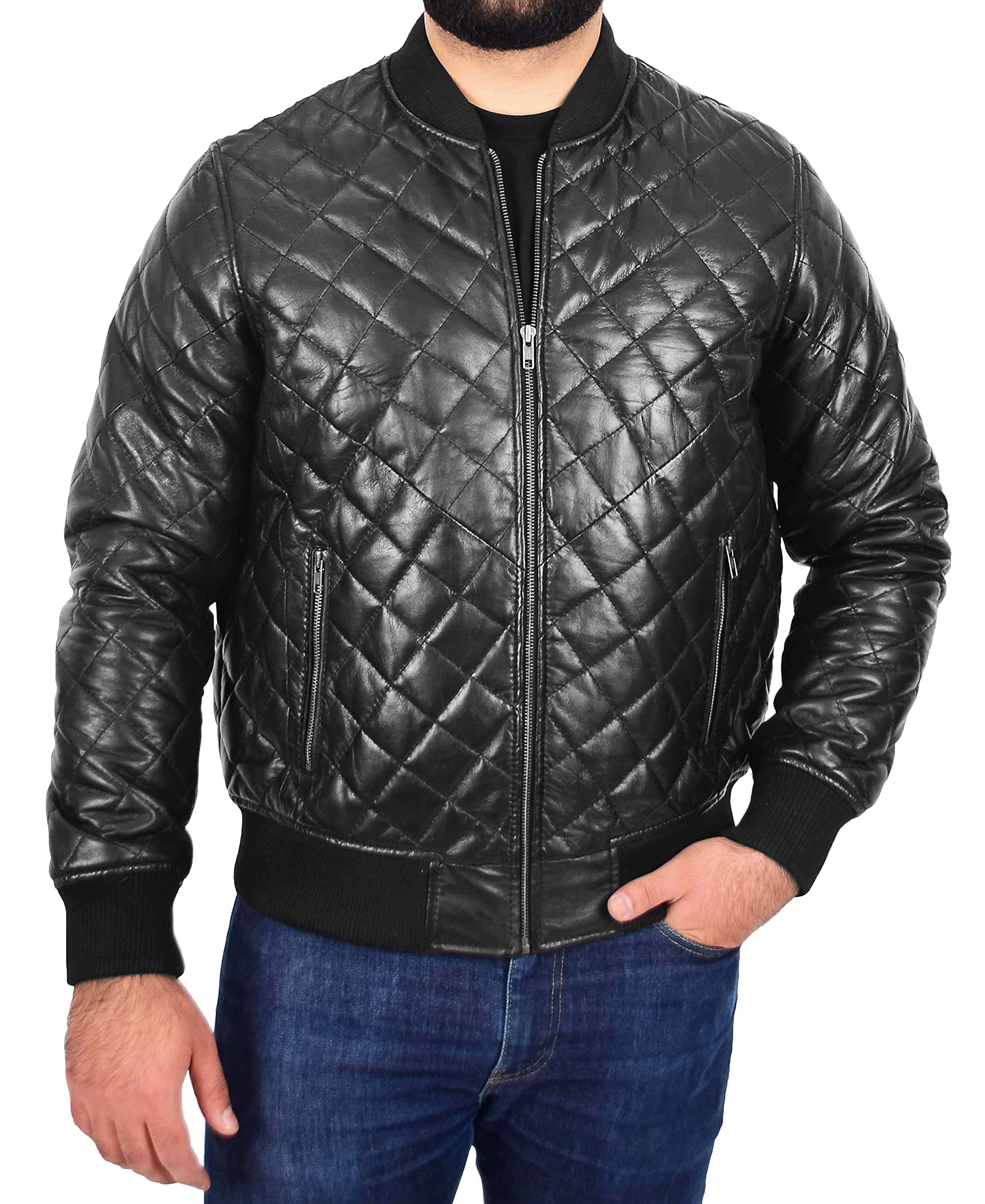 Men's Black Bomber Leather Jacket - Soft Quilted Padded Fitted Varsity Style - Perfect for Casual Wear, Motorcycle Riding & Night Out