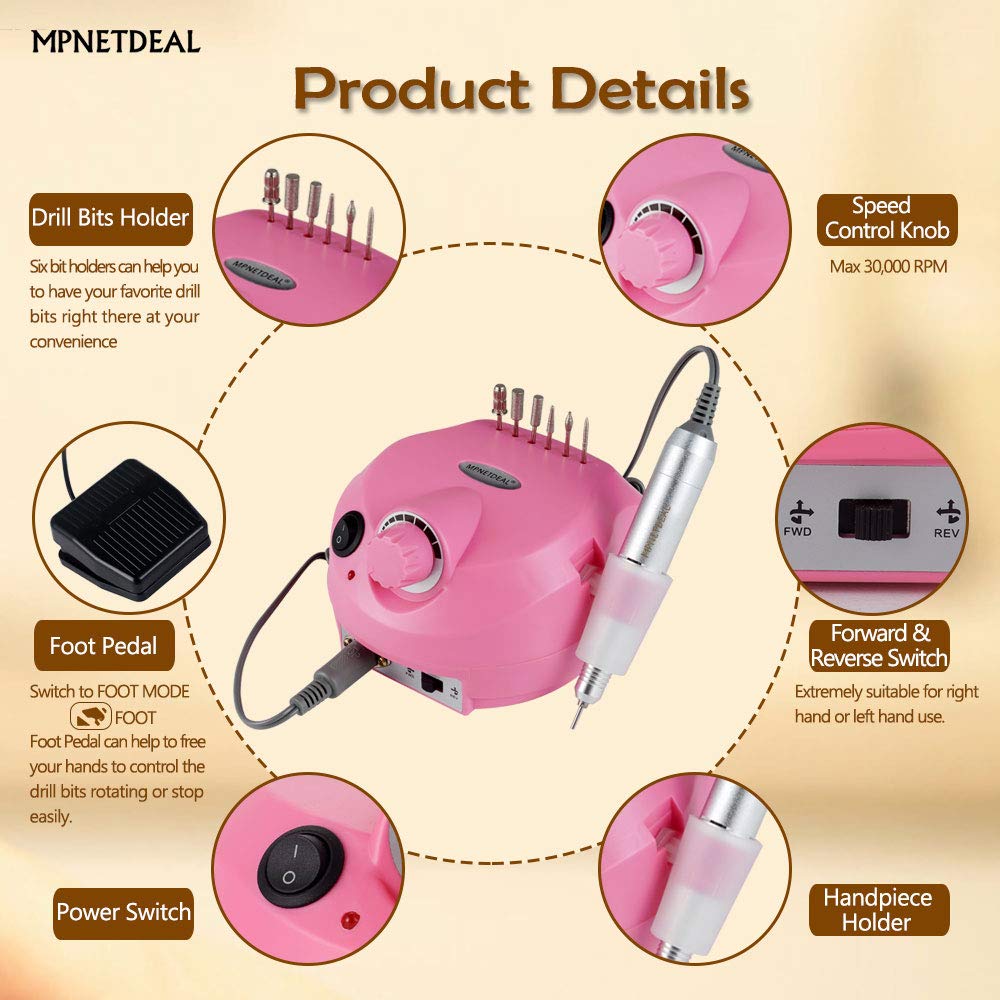 Professional Electric Nail Drill Machine 30000RPM - Efile Manicure Pedicure Tool with Foot Pedal for Acrylic, Gel & Natural Nails | Perfect for Home Use & Salon (Pink) | DIY Nail Art, French Tips & Nail Extensions