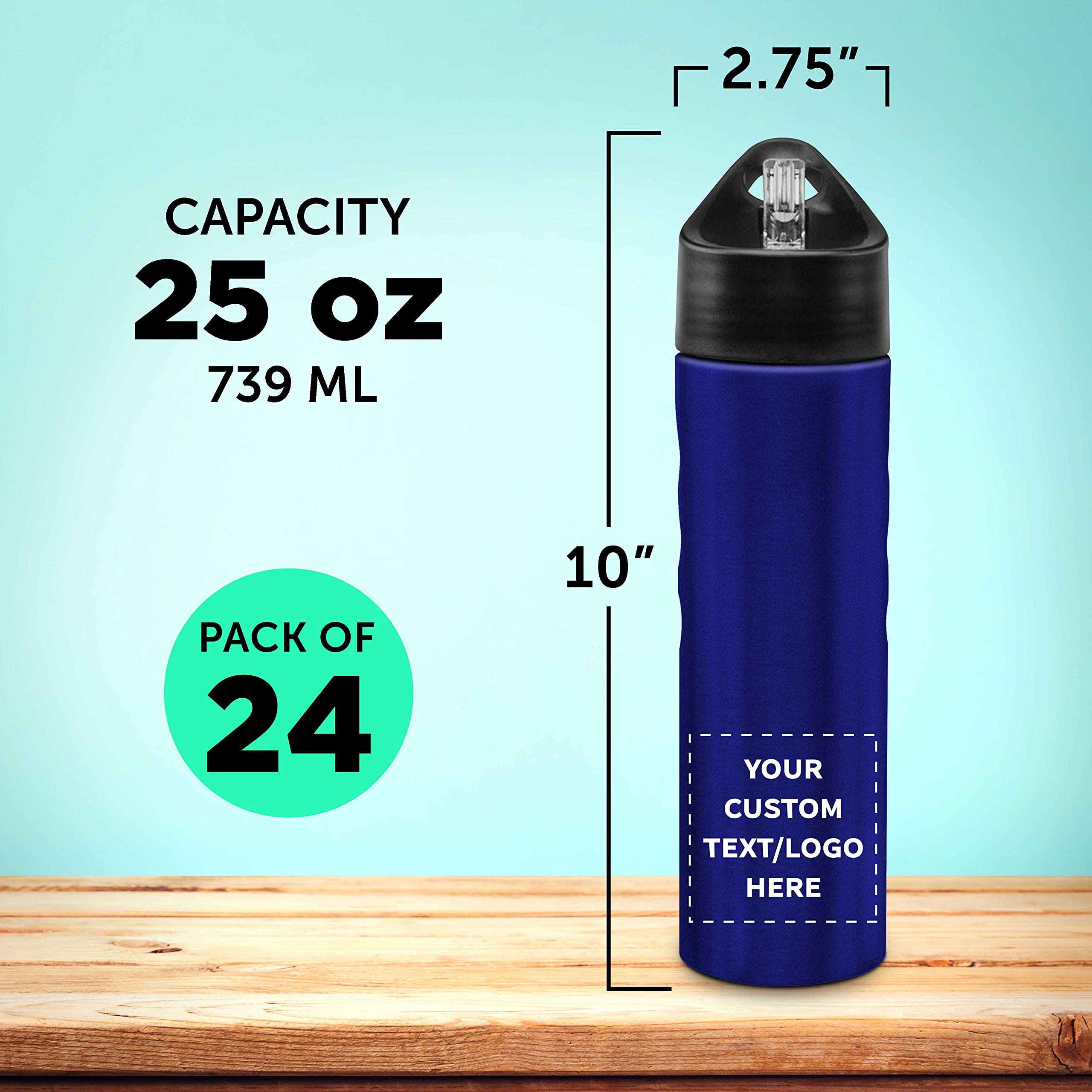 Custom Slim Stainless Steel Water Bottles 25oz - 24 Pack Bulk with Personalized Text & Logo - Reusable Gym & Sports Bottle - Eco-Friendly Blue Water Bottles for Workouts, Hiking, Office & School Hydration