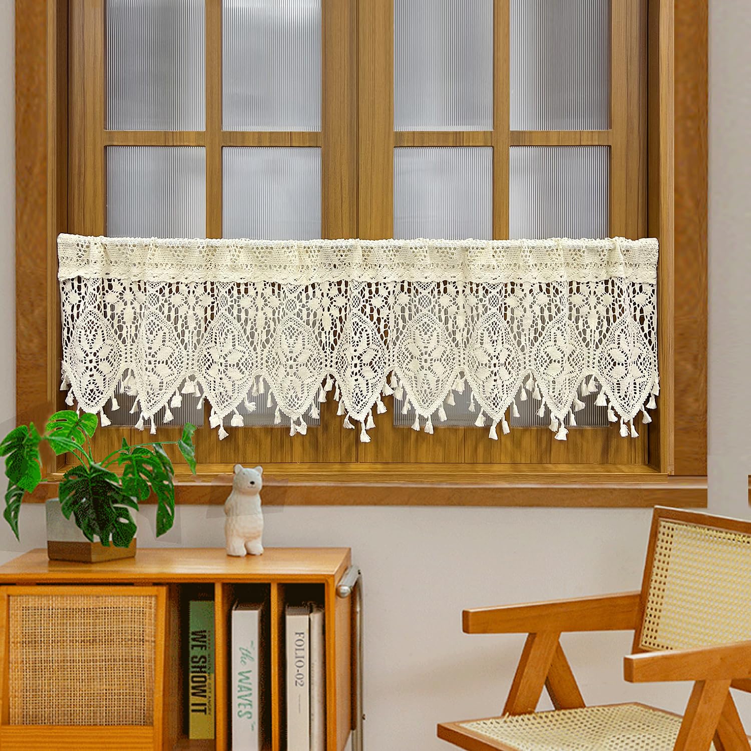 Rustic Crochet Cotton Lace Kitchen Valance Curtains - Farmhouse Tassel Window Treatments for Small Windows (59