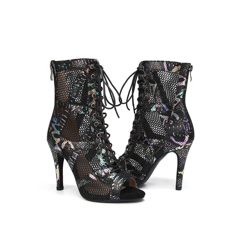 Sexy Black Leopard Print Hollow-Out Jazz Heels Ankle Boots for Women - Perfect for Dance Performances, Night Out & Fashion Styling