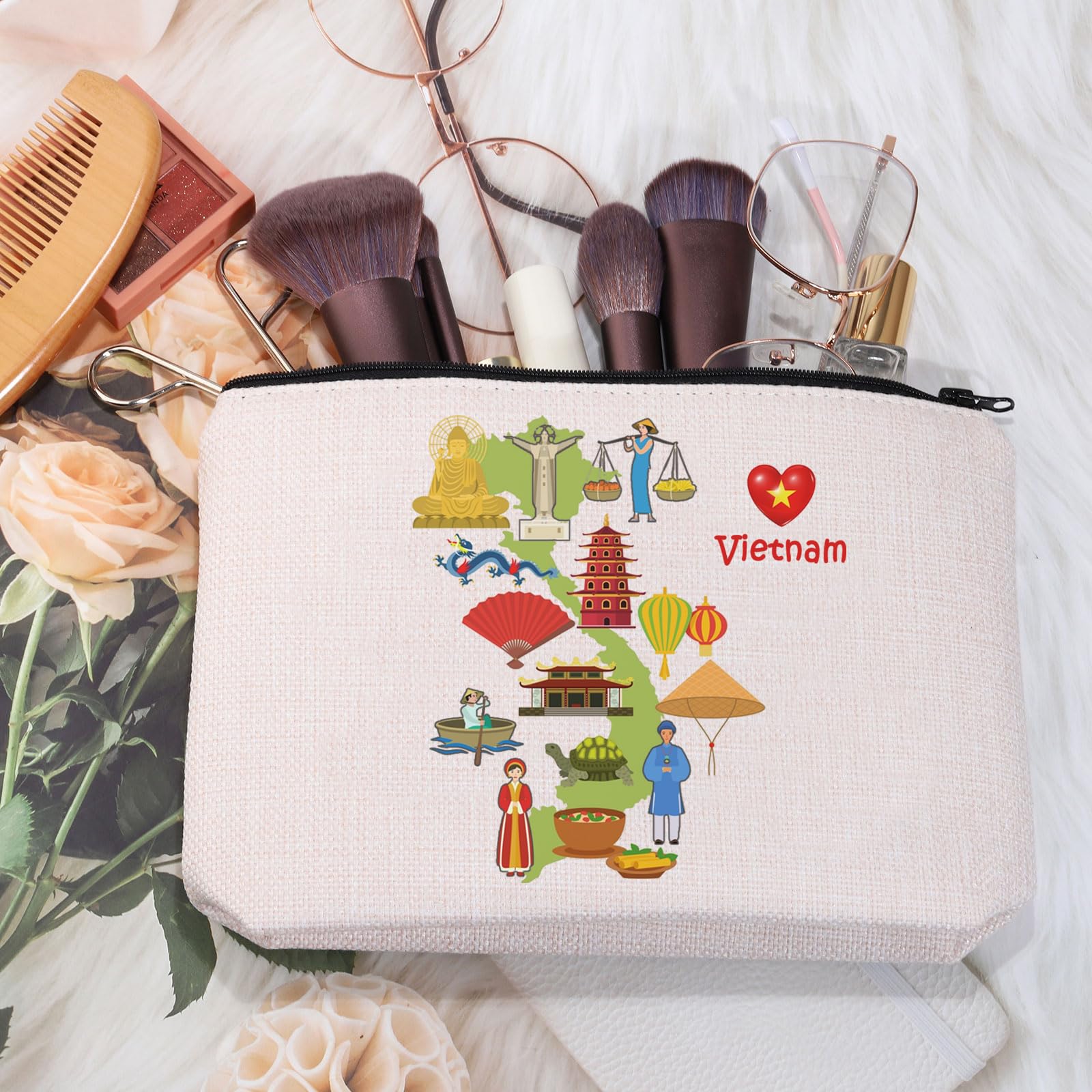 MEIKIUP Vietnam Themed Makeup Bag - Travel Gift for Vietnam Lovers, Holiday Vacation Souvenir, Vietnamese Culture Inspired Cosmetic Pouch - Perfect for Travel, Beach Trips & Festival Essentials