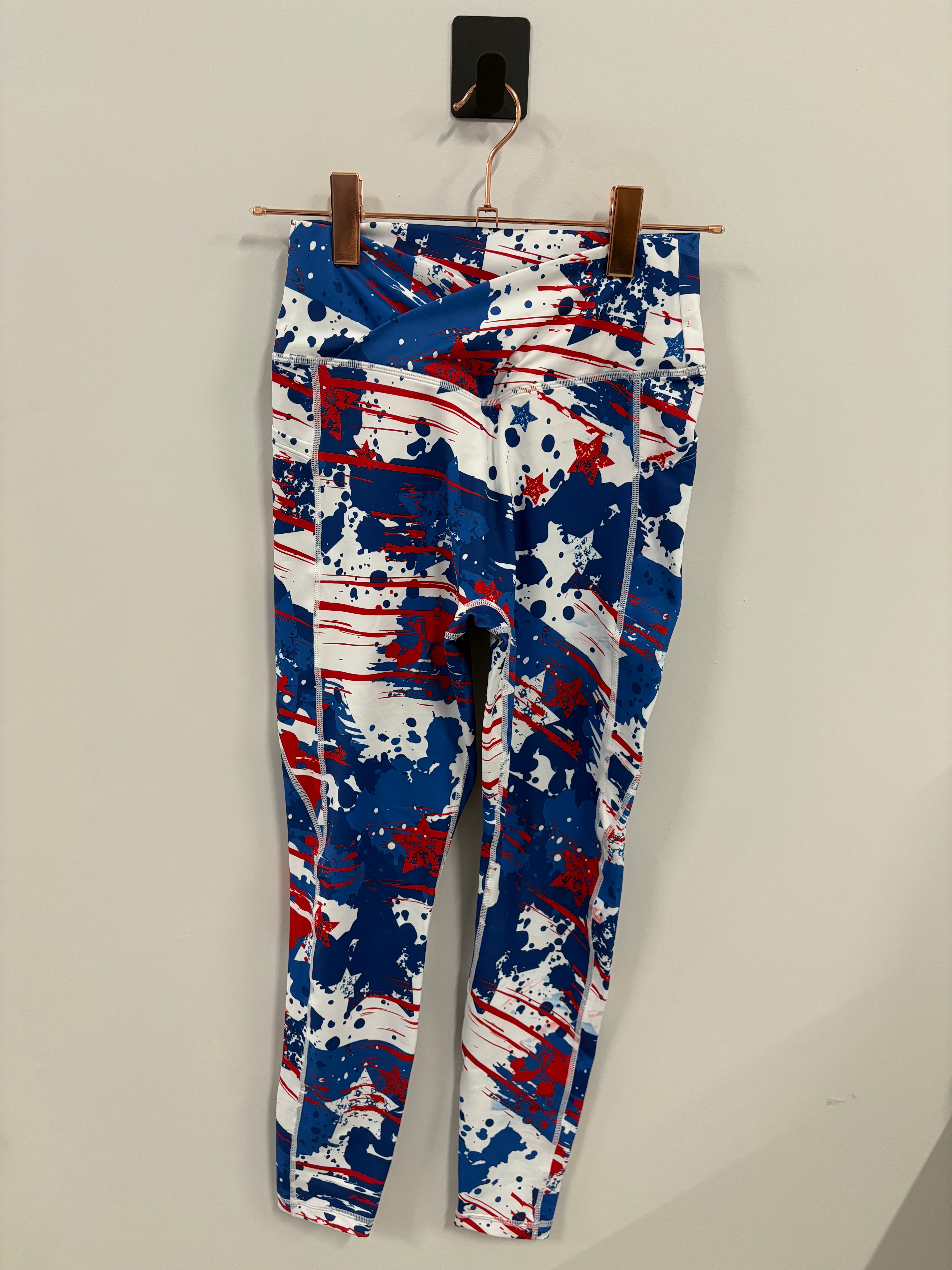 Empowered High-Waisted Leggings with Pockets - Patriotic Red White & Blue Yoga Pants for Women | Perfect for Workouts, Running & Casual Wear