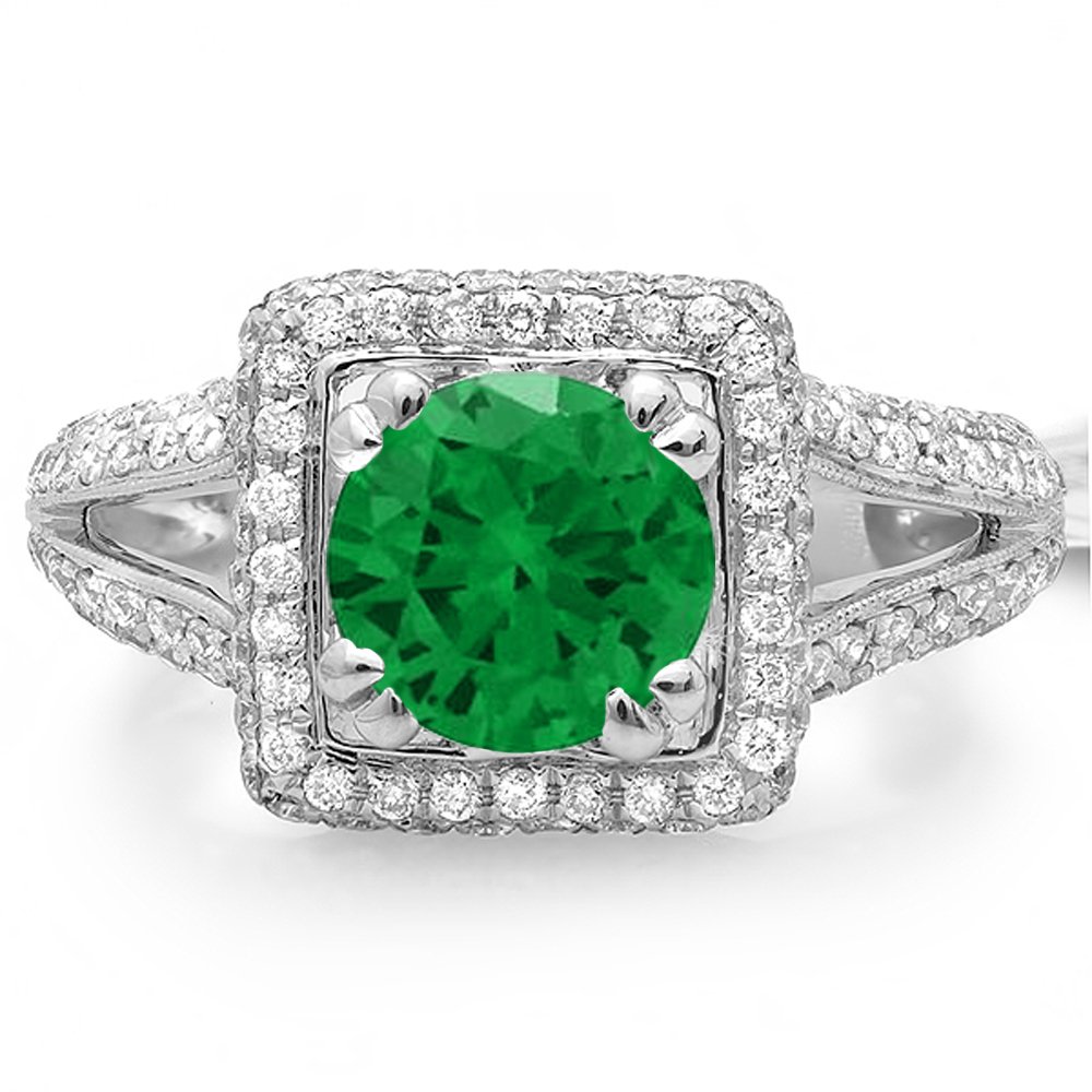 Dazzlingrock Collection 14K Solid White Gold Round Green Emerald & White Diamond Halo Engagement Ring for Women - Perfect for Bridal, Wedding, and Anniversary Gifts