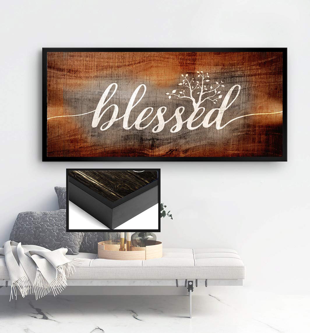 Blessed Christian Wall Art - Religious Home Decor with Floating Frame - Large 42x19 Inch Canvas Spiritual Wall Décor for Living Room, Bedroom & Church (Brown/Black)