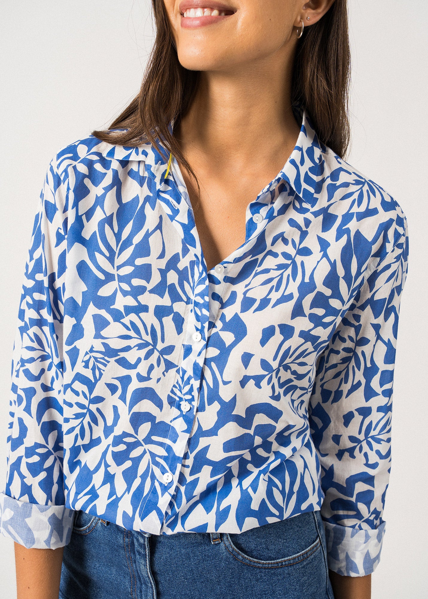 JEANNE Women's Floral Print Shirt | Lightweight Cotton Blouse in White & Mer Blue | Perfect for Spring Outfits & Casual Office Wear