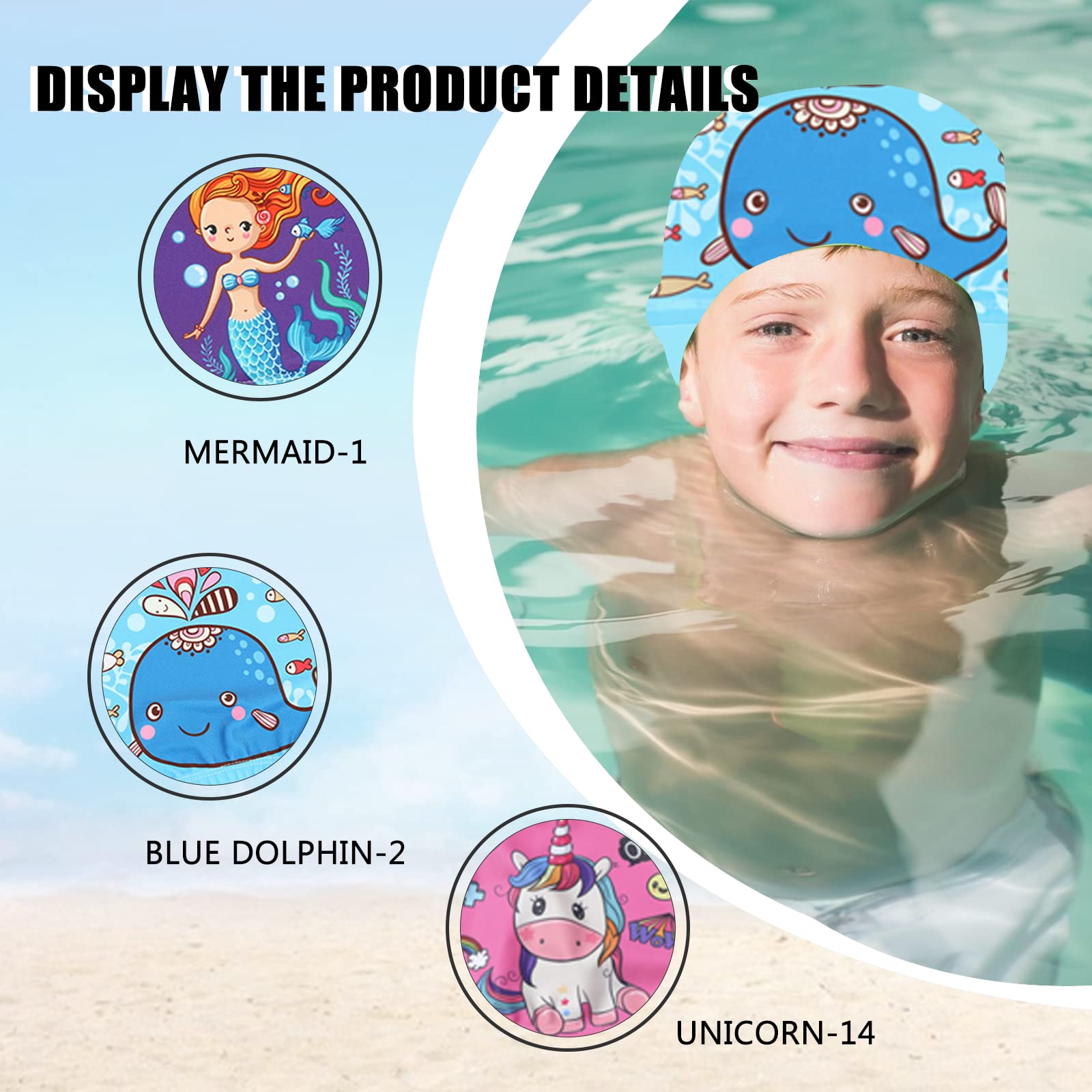 3 Pack Waterproof Swim Caps for Kids - Cartoon Design Bathing Caps for Girls & Boys with Long or Short Hair - Ideal for Swimming Lessons, Pool Parties & Beach Activities