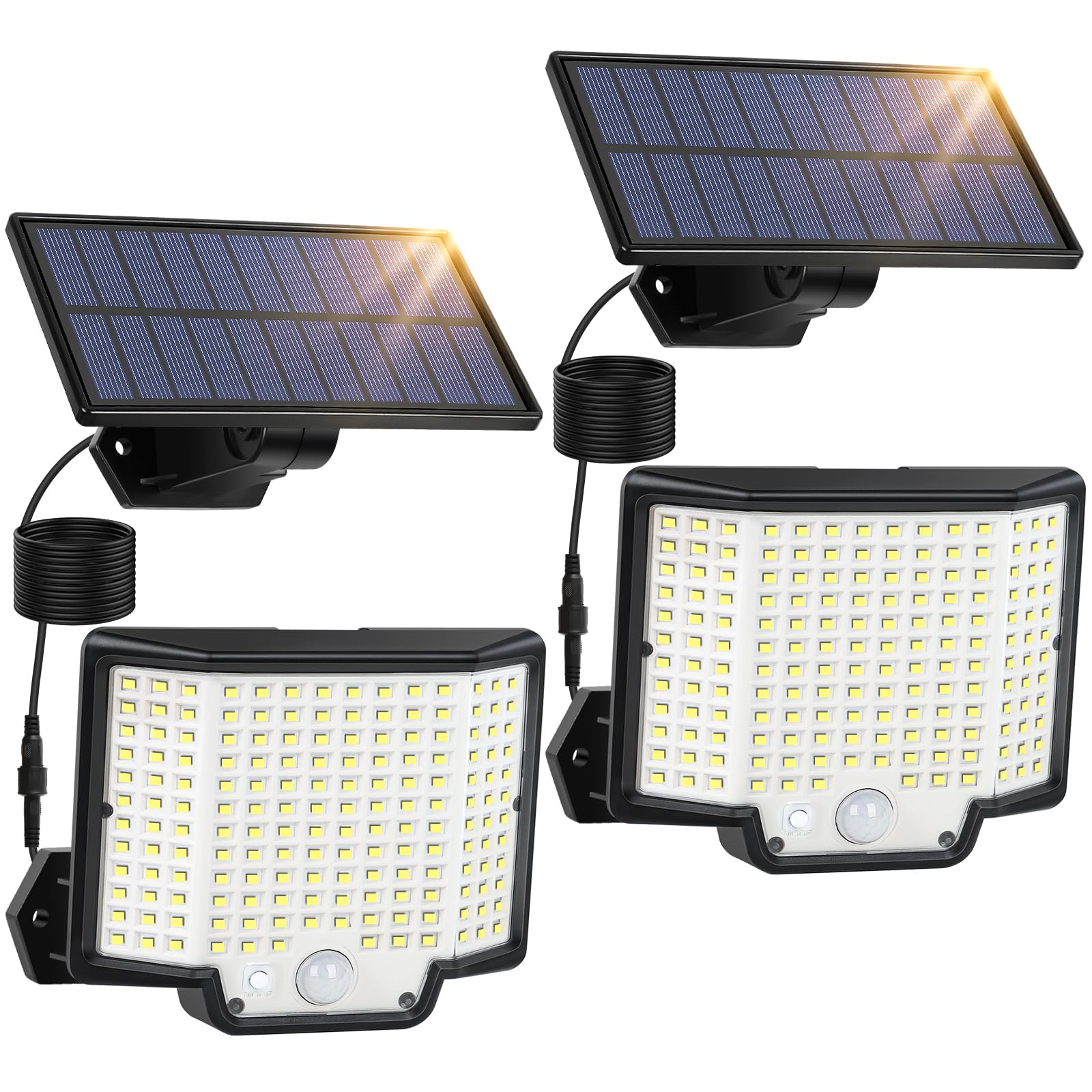 166 LED Solar Powered Outdoor Lights Waterproof with Motion Sensor - 3 Modes, Split Design with Extension Wires - Perfect for Yard, Garden, Garage Security Lighting (2-Pack) - Ideal for Pathway Illumination, Backyard Safety & Nighttime Visibility