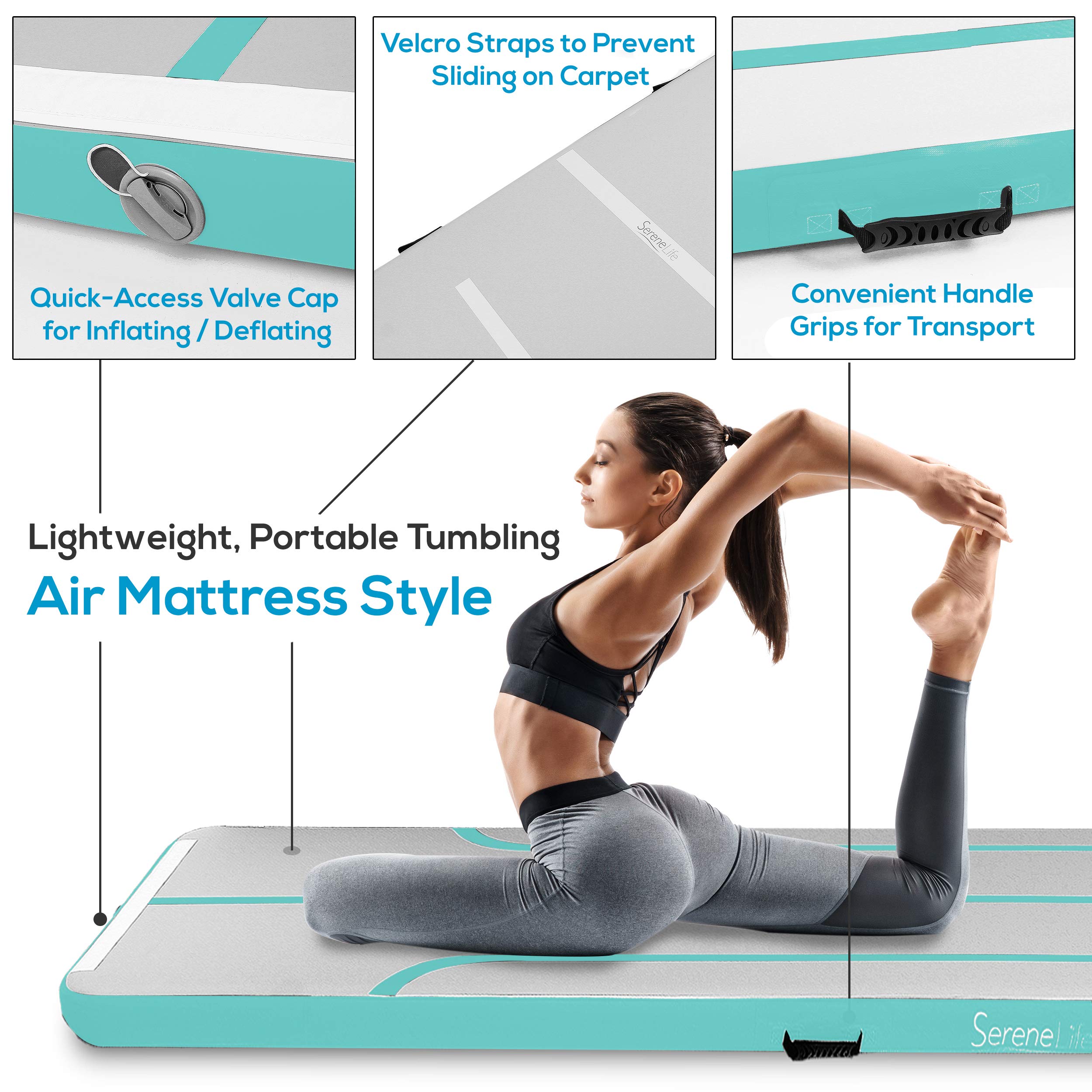 SereneLife 10FT Inflatable Gymnastics Air Tumbling Mat - 4 Inch Thick Floating Water Mat for Yoga, Cheerleading & Training | Portable with Electric Pump | Indoor/Outdoor Use for Backyard, Pool & Gym