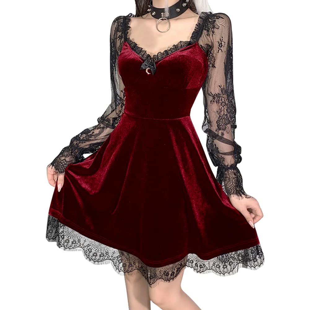 IDOPIP Gothic Lolita Floral Lace Long Sleeve Velvet Dress for Women - Black See-Through Ruched Suede Dress for Wedding Guest, Party & Special Occasions
