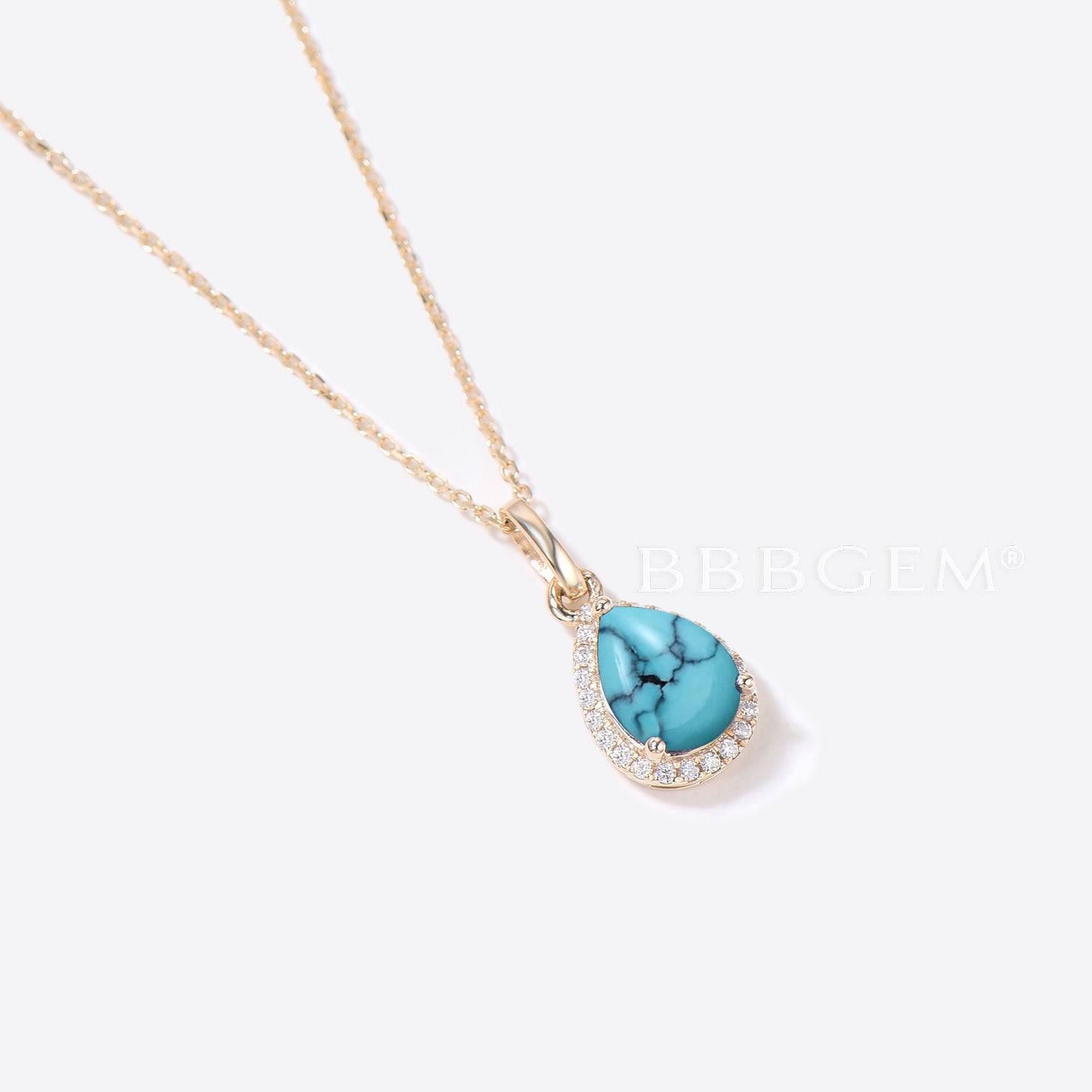14K Gold Halo Diamond Pendant with Natural Turquoise Stone - Elegant Teardrop Necklace for Women | Perfect for Weddings, Anniversaries & Special Occasions