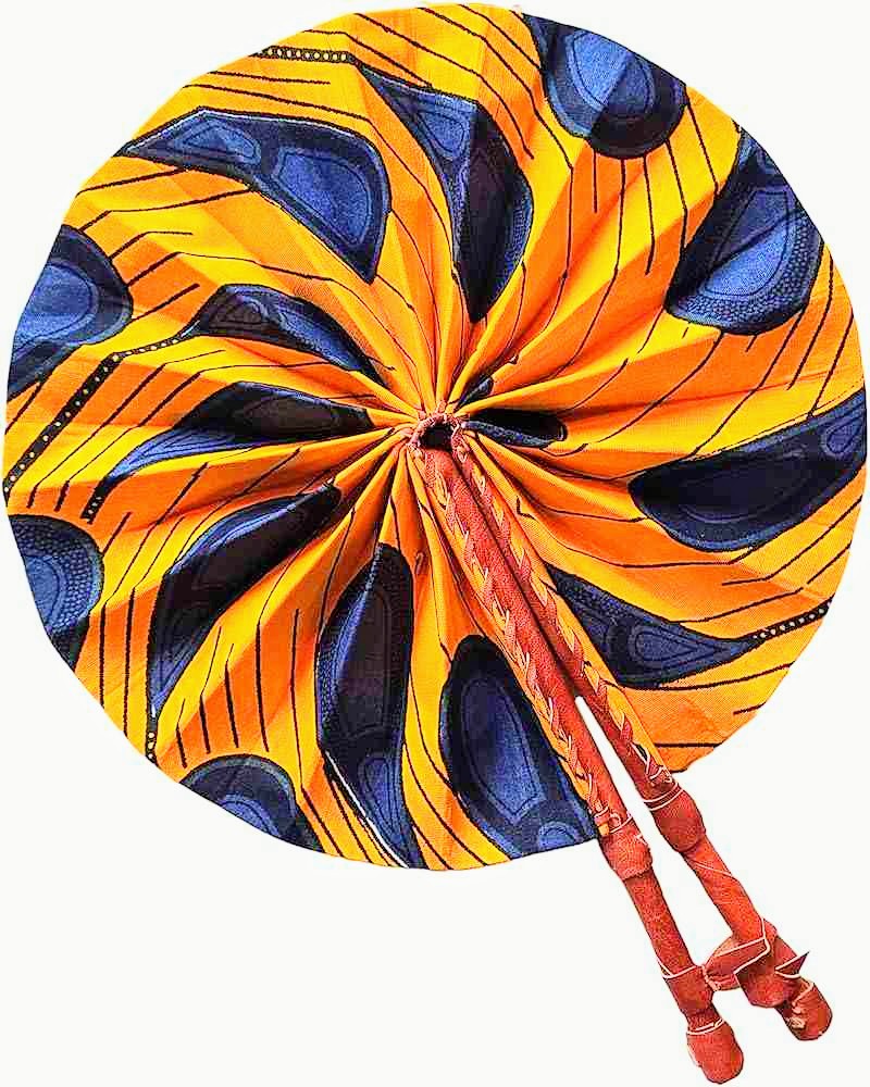 Dupsie's Khanita Foldable African Print Ankara Fan - Orange & Blue Peacock Pattern (DPPF3816) | Handheld Cooling Fan for Outdoor Events, Weddings & Cultural Celebrations