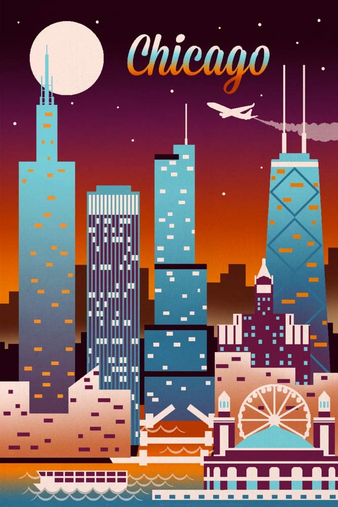 Chicago Illinois Retro Skyline Chromatic Series 109875 - Signed 24x36 Art Print, Vintage Cityscape Wall Decor Poster for Living Room, Office & Home Decoration