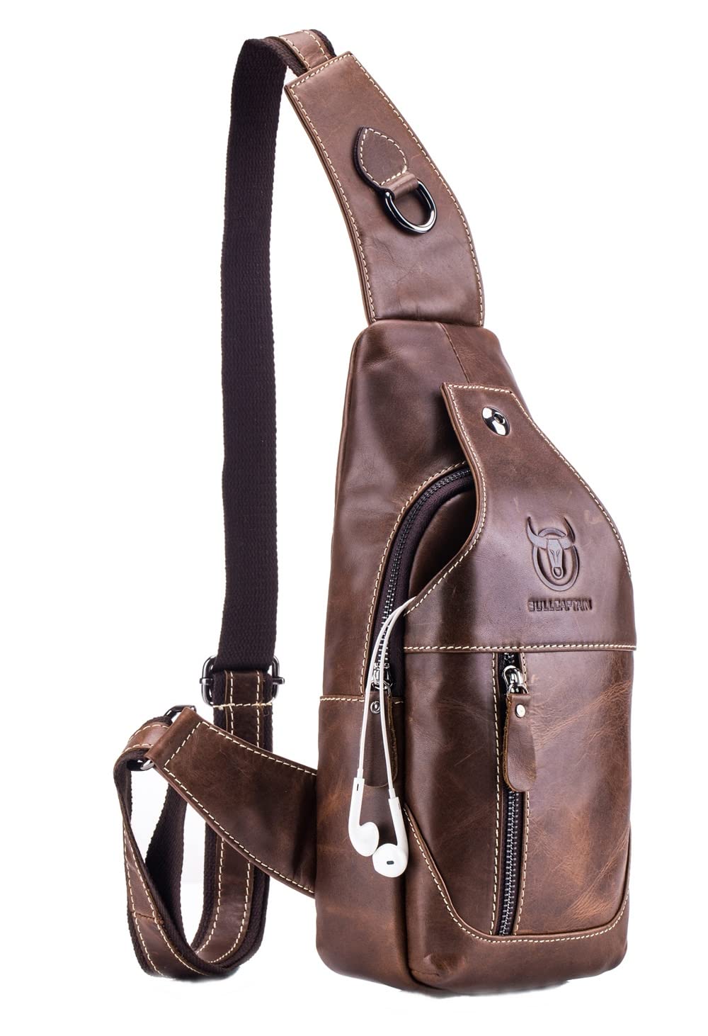 BULLCAPTON Genuine Leather Men's Sling Backpack - Multi-Pocket Crossbody Chest Bag with Earphone Hole - Durable Travel & Casual Backpack for Work, Gym & Outdoor Adventures (Brown)