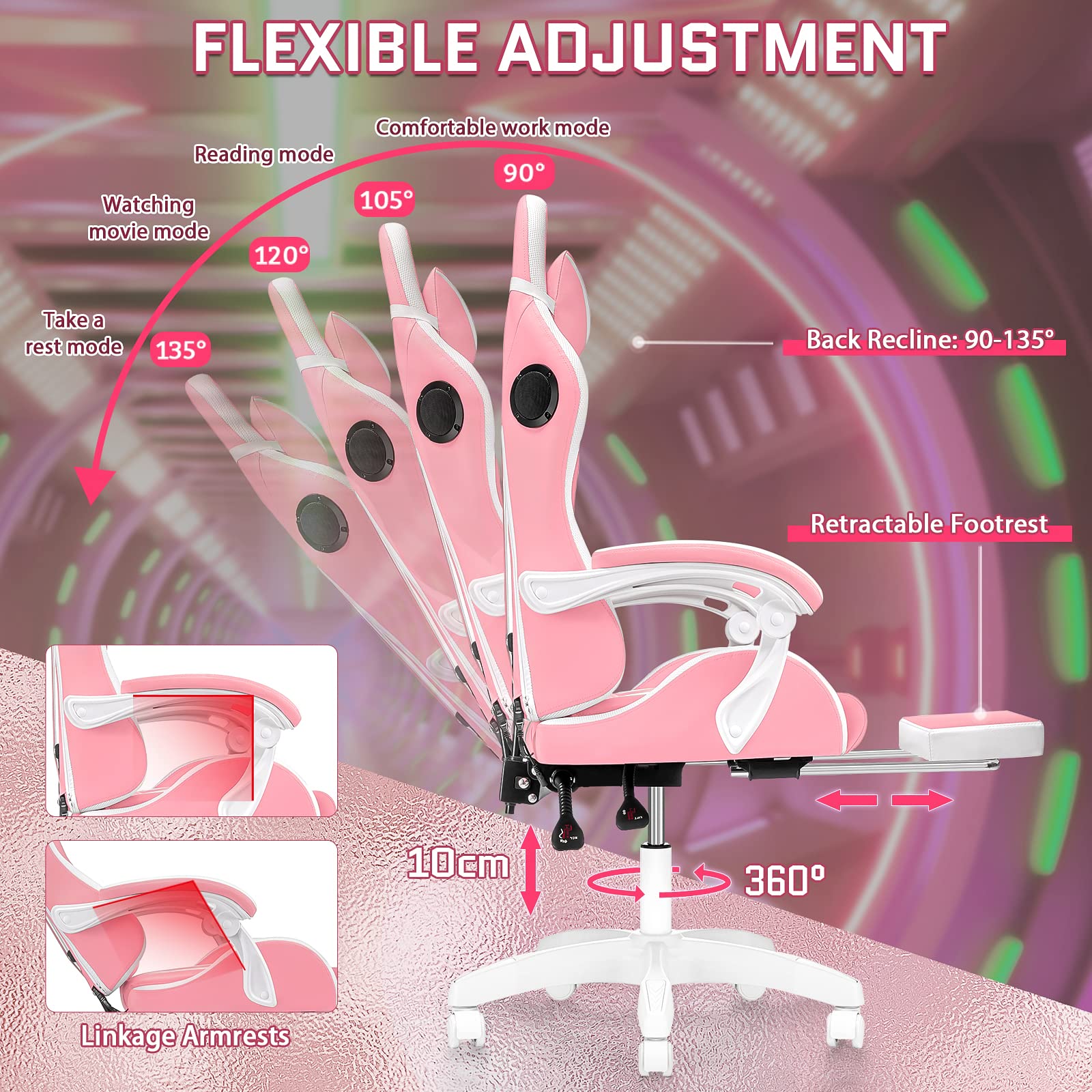 Pink Ergonomic Gaming Chair with Bluetooth Speakers, RGB LED Lights, Massage & Footrest - High Back Lumbar Support for PC, Video Game & Office Use - Perfect for Streaming, Esports & Home Gaming Setup