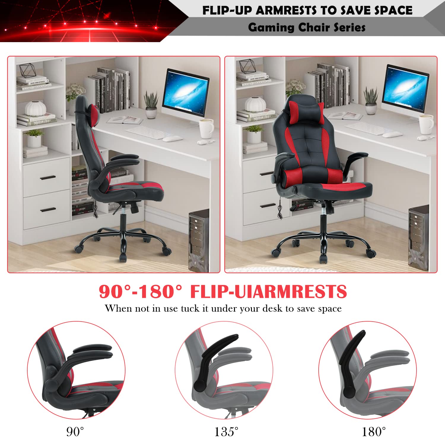 Ergonomic Gaming Chair with Headrest & Flip-Up Arms - High Back PU Leather Racing Office Chair with Lumbar Support & Massage for Adults & Teens - Perfect for PC Gaming, Work & Home Office (Red)