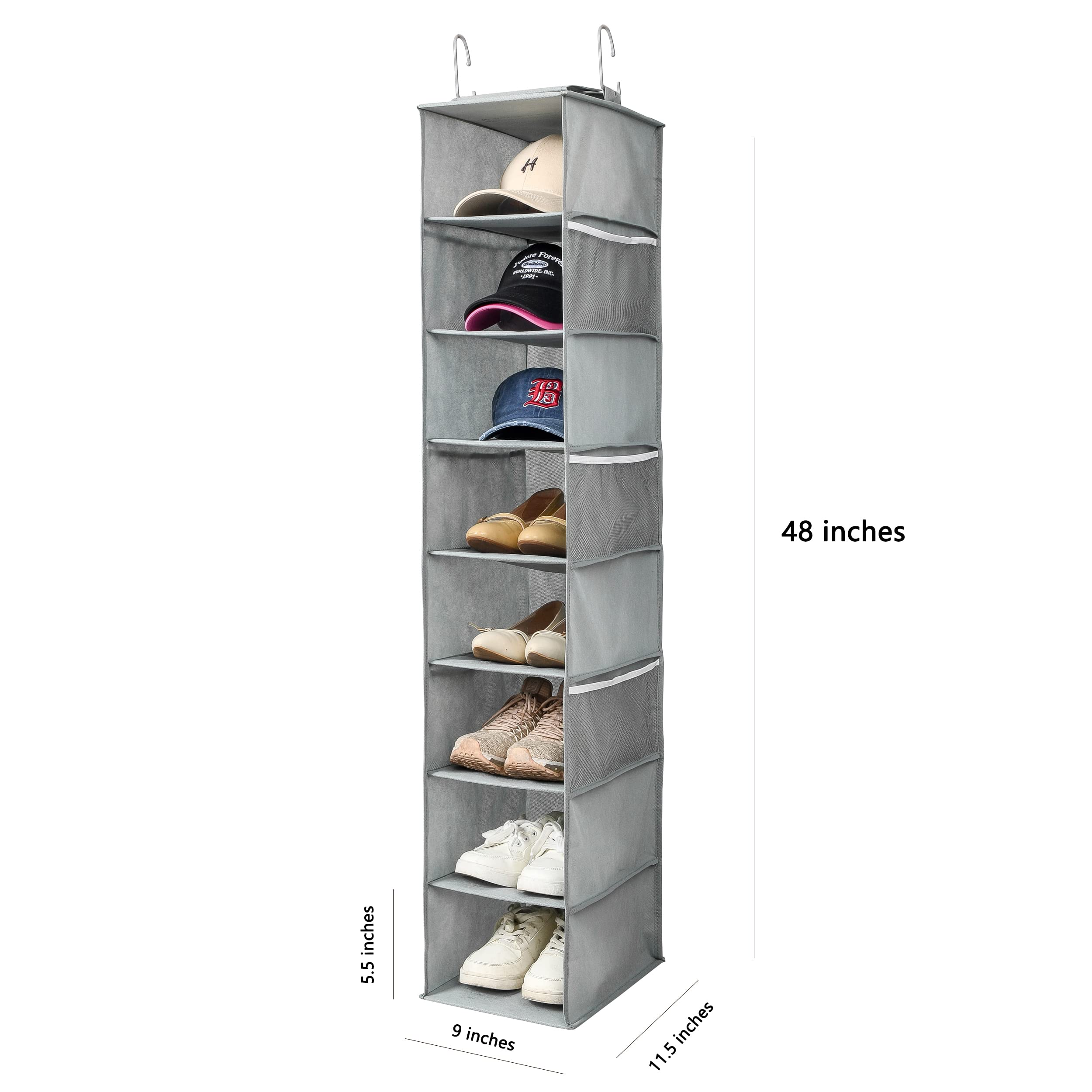 Hanging Shoe Organizer for Closet with Side Mesh Pockets - 8-Shelf Gray Shoe & Hat Storage Rack for Baseball Caps - Space-Saving Closet Organizer for Shoes, Hats & Accessories (1 Pack) - Perfect for Bedroom, Closet & Entryway Organization