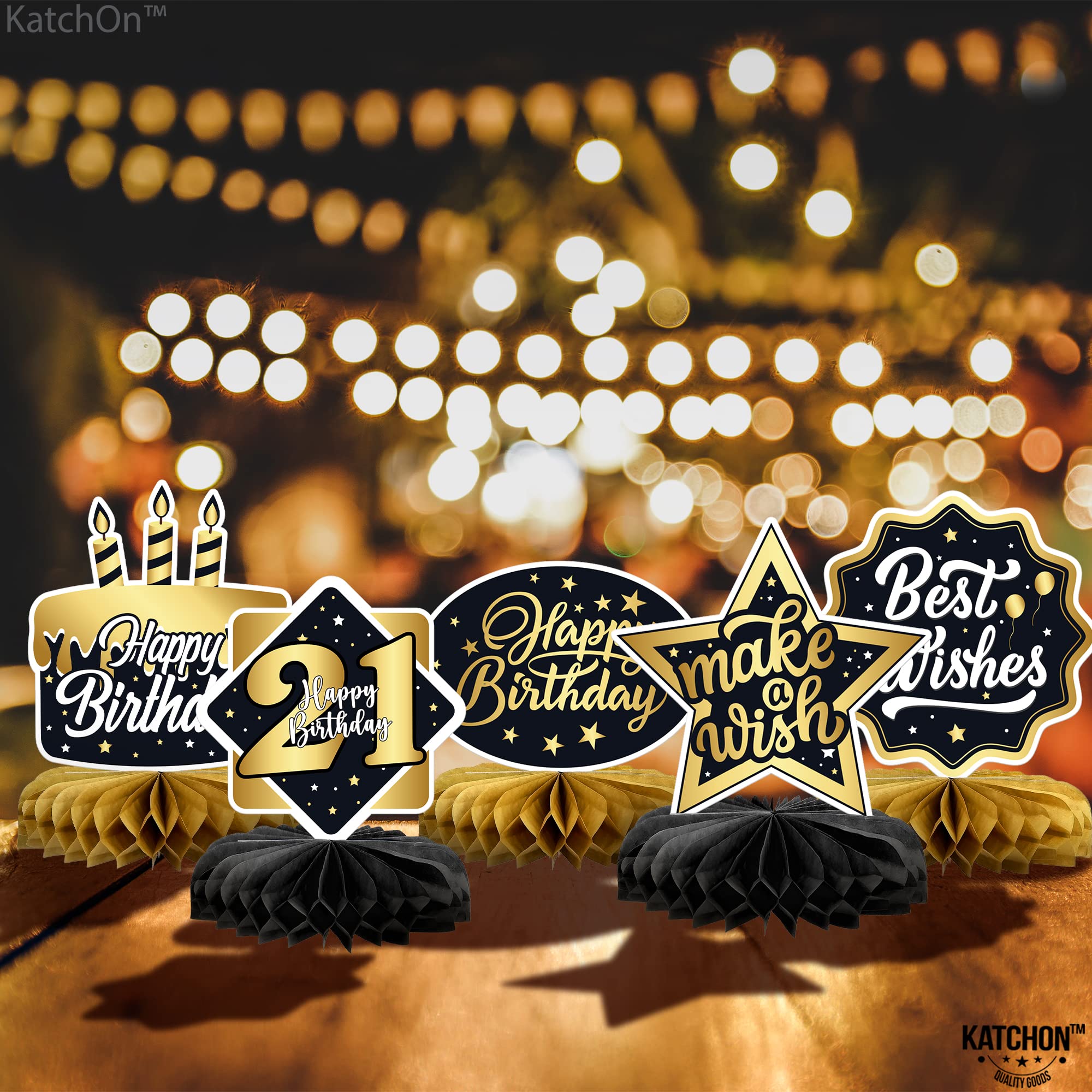 KatchOn 21st Birthday Decorations - Pack of 9 Black & Gold Party Supplies for Men | Elegant Table Centerpieces & Wall Decor | Perfect for Adult Birthday Parties, Milestone Celebrations & Nightclub Events