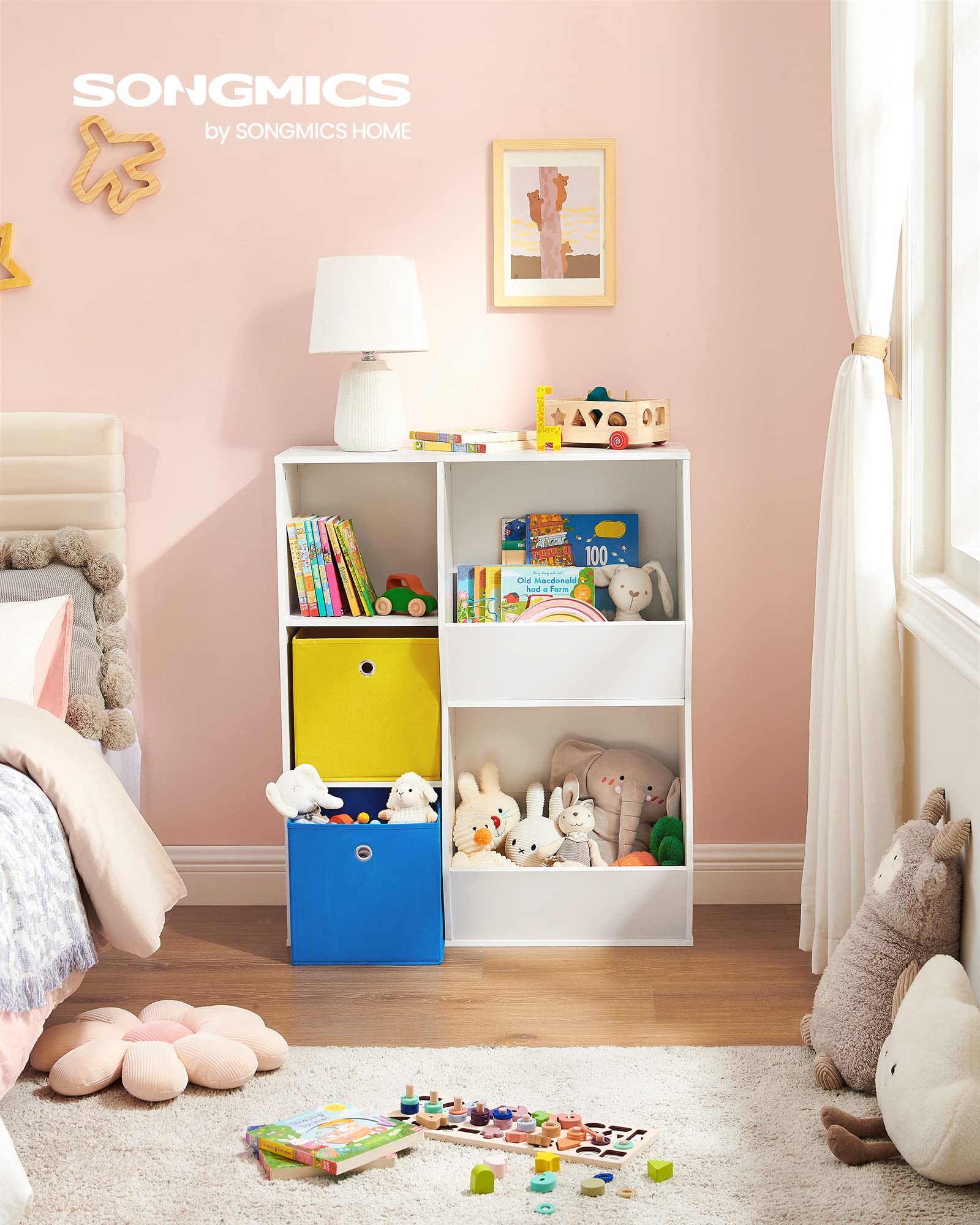 SONGMICS 3-Tier Kids Toy Storage Organizer with Fabric Bins & Adjustable Shelves - White Toy Shelf Organizer for Playroom, Nursery, Bedroom - Perfect for Organizing Toys, Books & Kids Room Decor