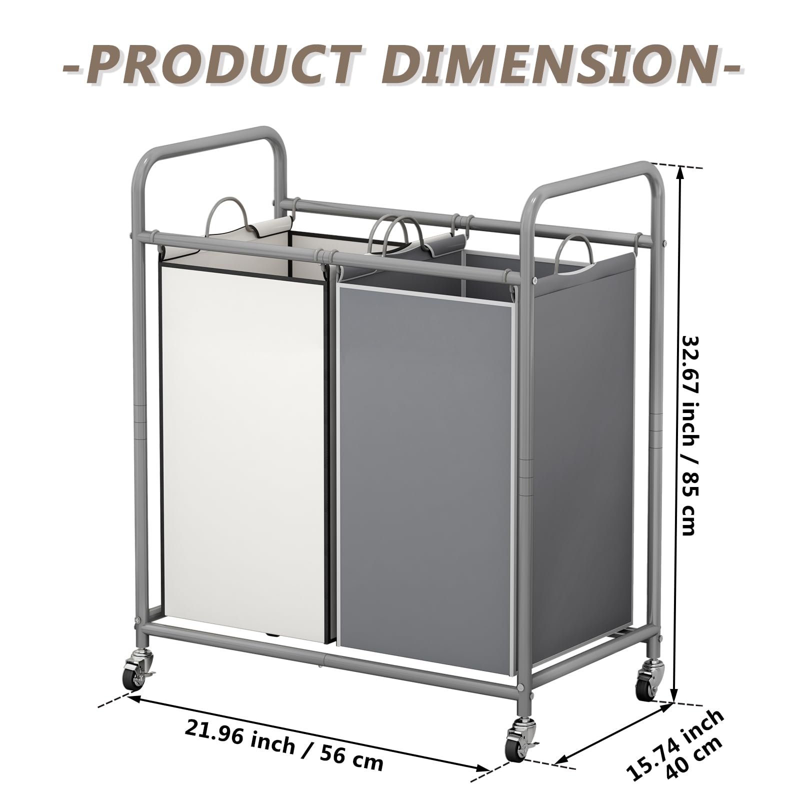 2-Bag Laundry Sorter Cart with Lockable Wheels & Removable Bags - Foldable Clothes Hamper Organizer for Bedroom, Laundry Room Storage (Grey+Beige) | Space-Saving Rolling Laundry Basket for Apartments & Dorms