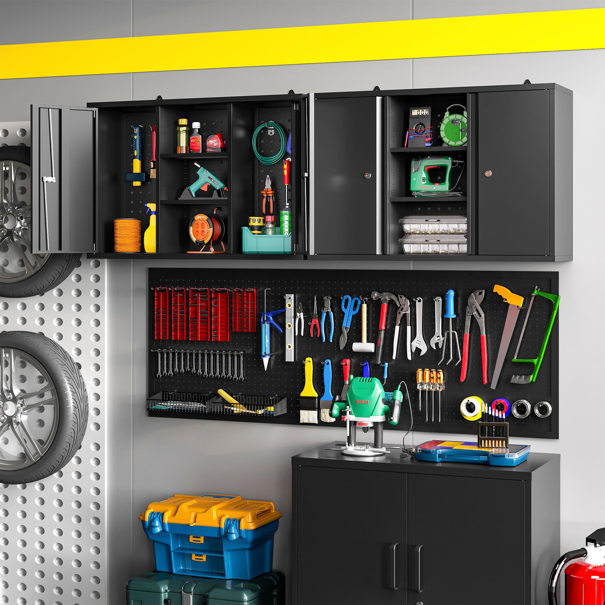 Black Metal Wall Storage Cabinet with Lock - Adjustable Shelves Garage & Kitchen Organizer for Home Workshop - Easy Assembly (23.6''H) | Perfect for Garage Tools, Kitchen Supplies & Workshop Organization