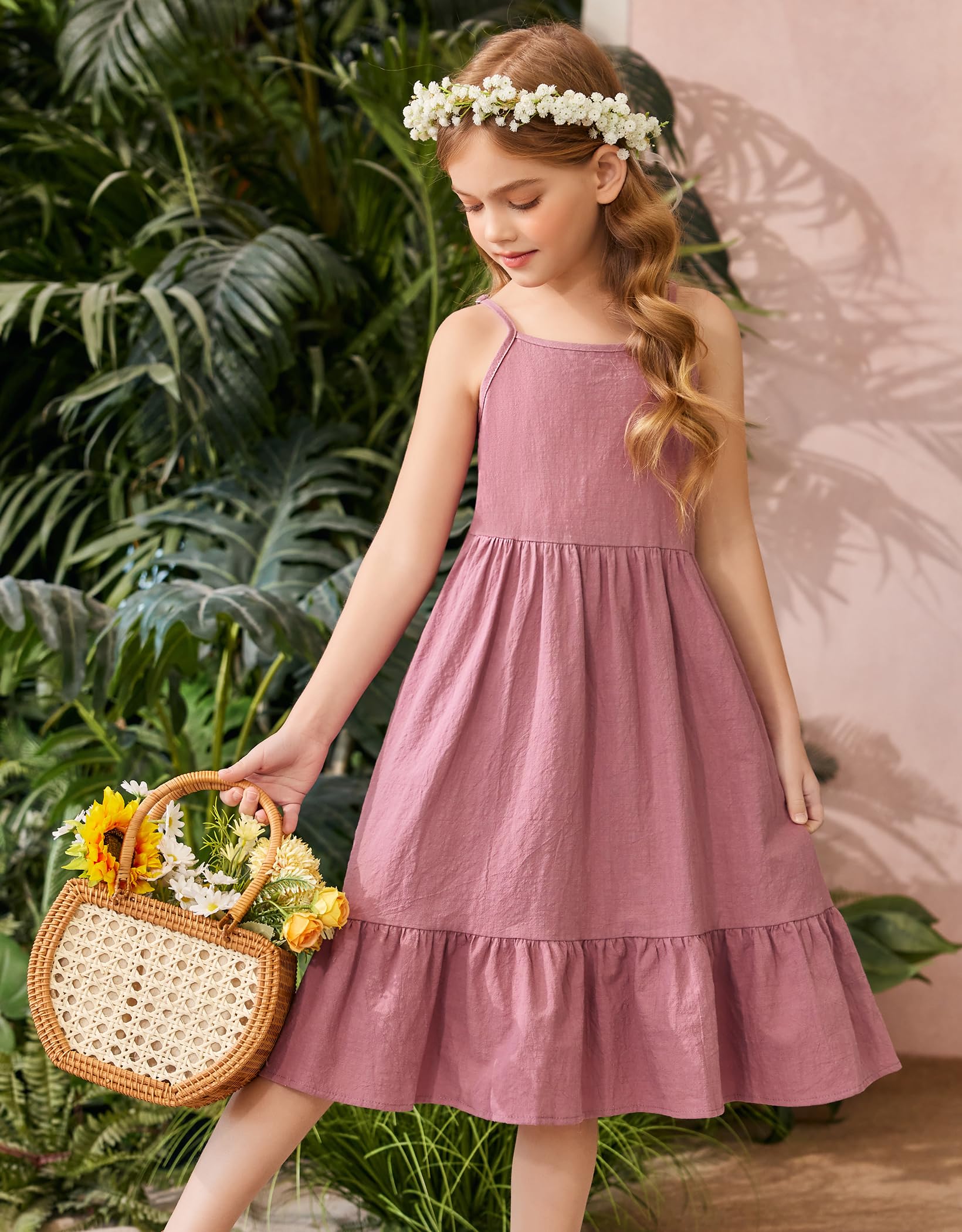 Arshiner Girls Summer Sundress - Spaghetti Strap Linen Midi Dress for Teens, Casual Cami Dress with Pockets | Perfect for Beach Vacations, Picnics & Summer Outings