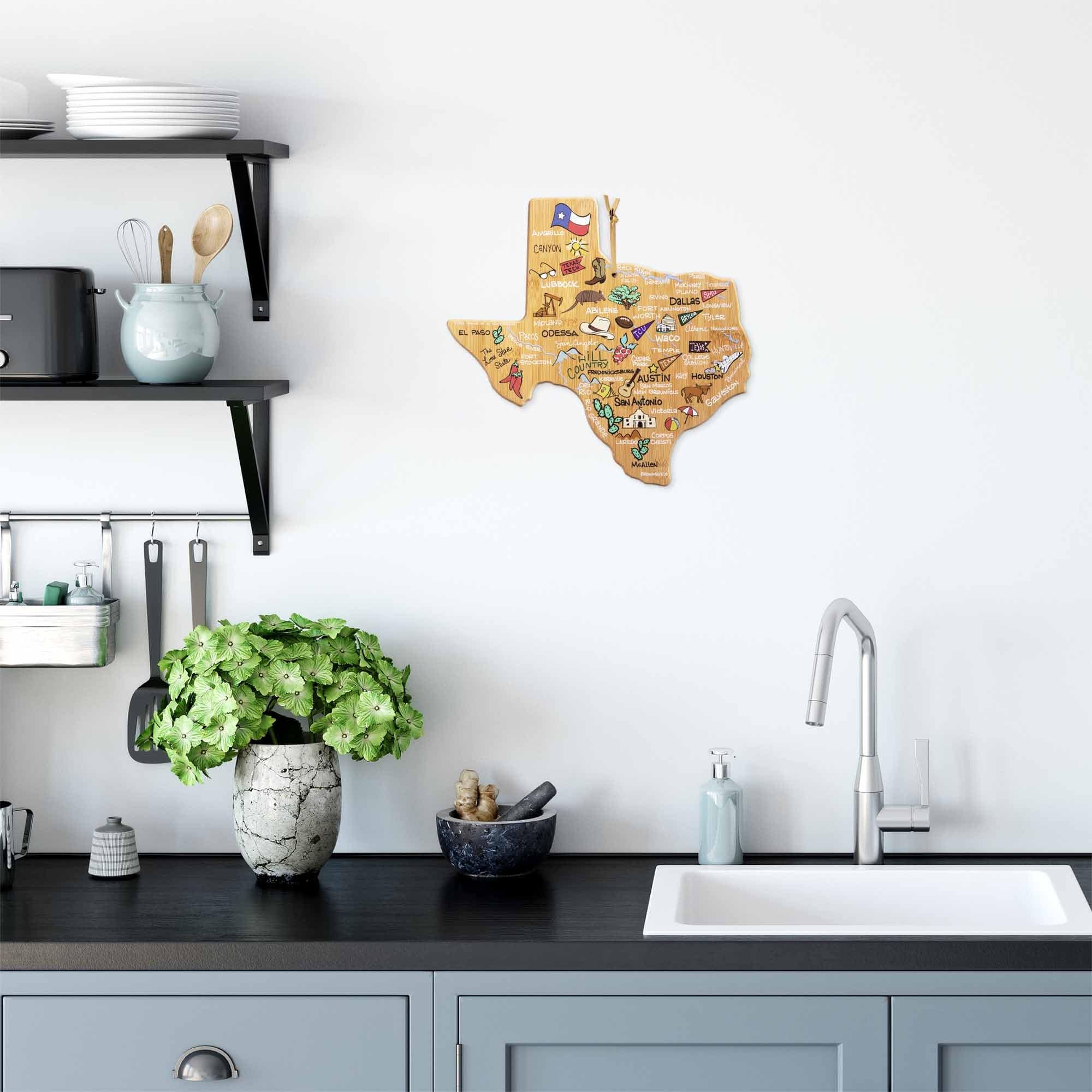 Texas Shaped Wooden Cutting Board with Handcrafted Fish Kiss™ Artwork - Perfect for Kitchen Decor, Gift Giving, and Serving Charcuterie
