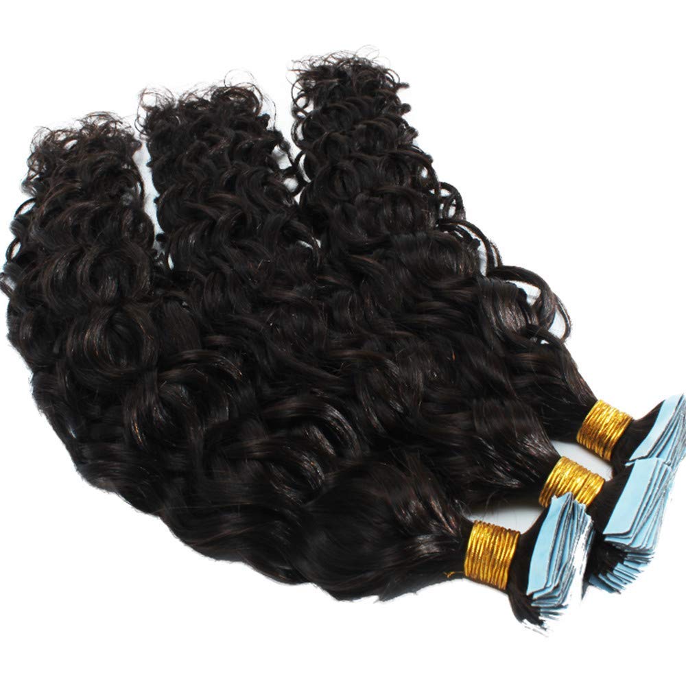 Brazilian Virgin Human Hair Extensions 100g 40pcs - Water Wave Tape-in Skin Weft with Curly Adhesive for Natural Look (26inch, Jet Black #1) | Perfect for Parties, Weddings & Daily Styling