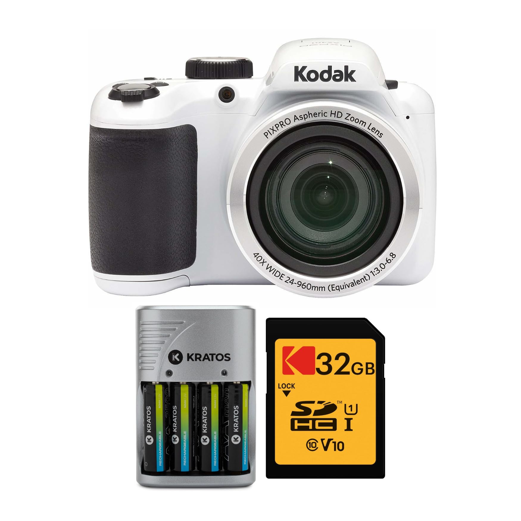Kodak PIXPRO AZ401 16MP 40X Optical Zoom Digital Camera with 32GB SDHC Card & AA Battery Charger Kit - Perfect for Travel Photography, Wildlife Shooting and Family Events (White)