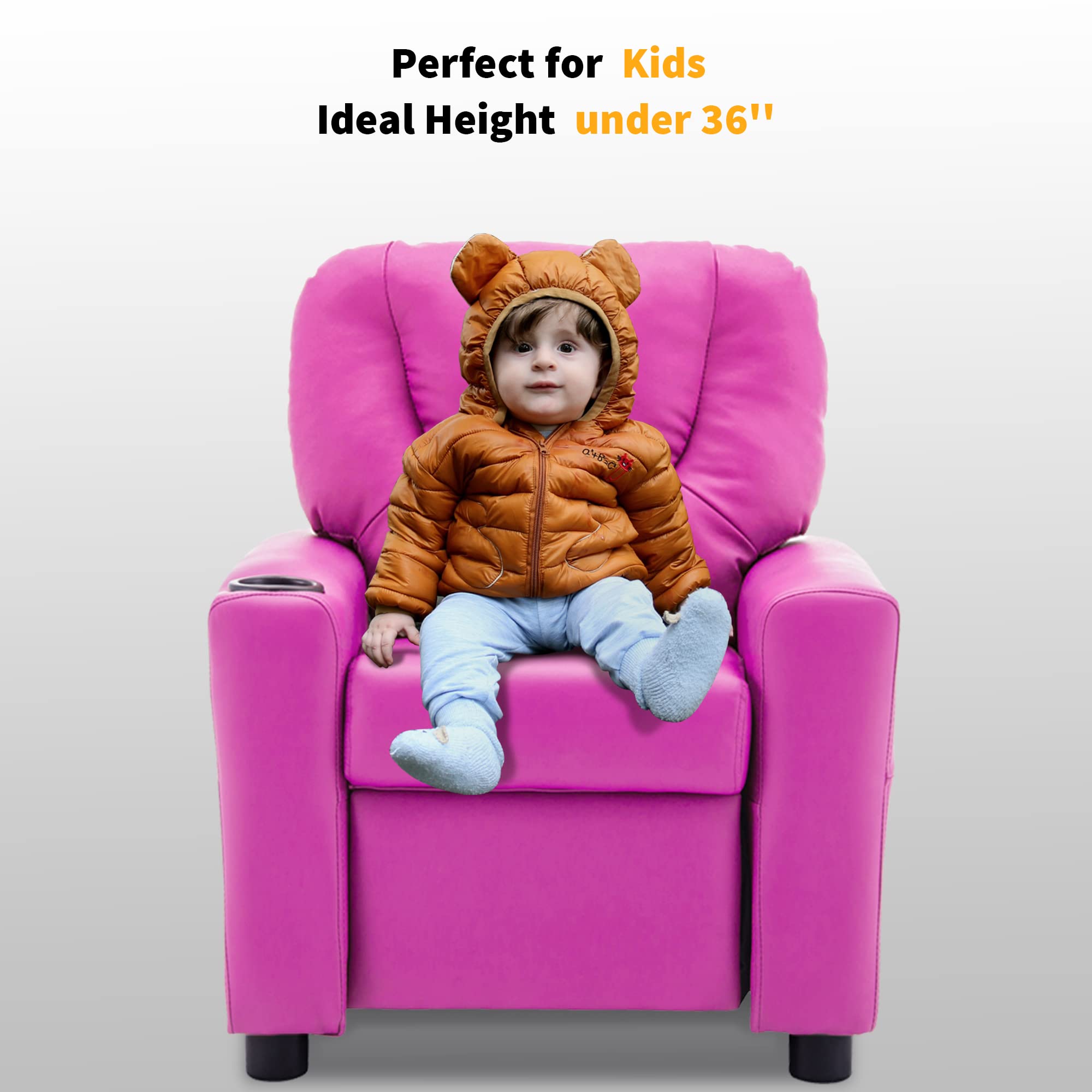MCombo Kids Recliner Chair with Cup Holders - Pink Faux Leather Toddler Armrest Sofa for Boys and Girls Room | Perfect for Playroom, Bedroom, and Movie Nights
